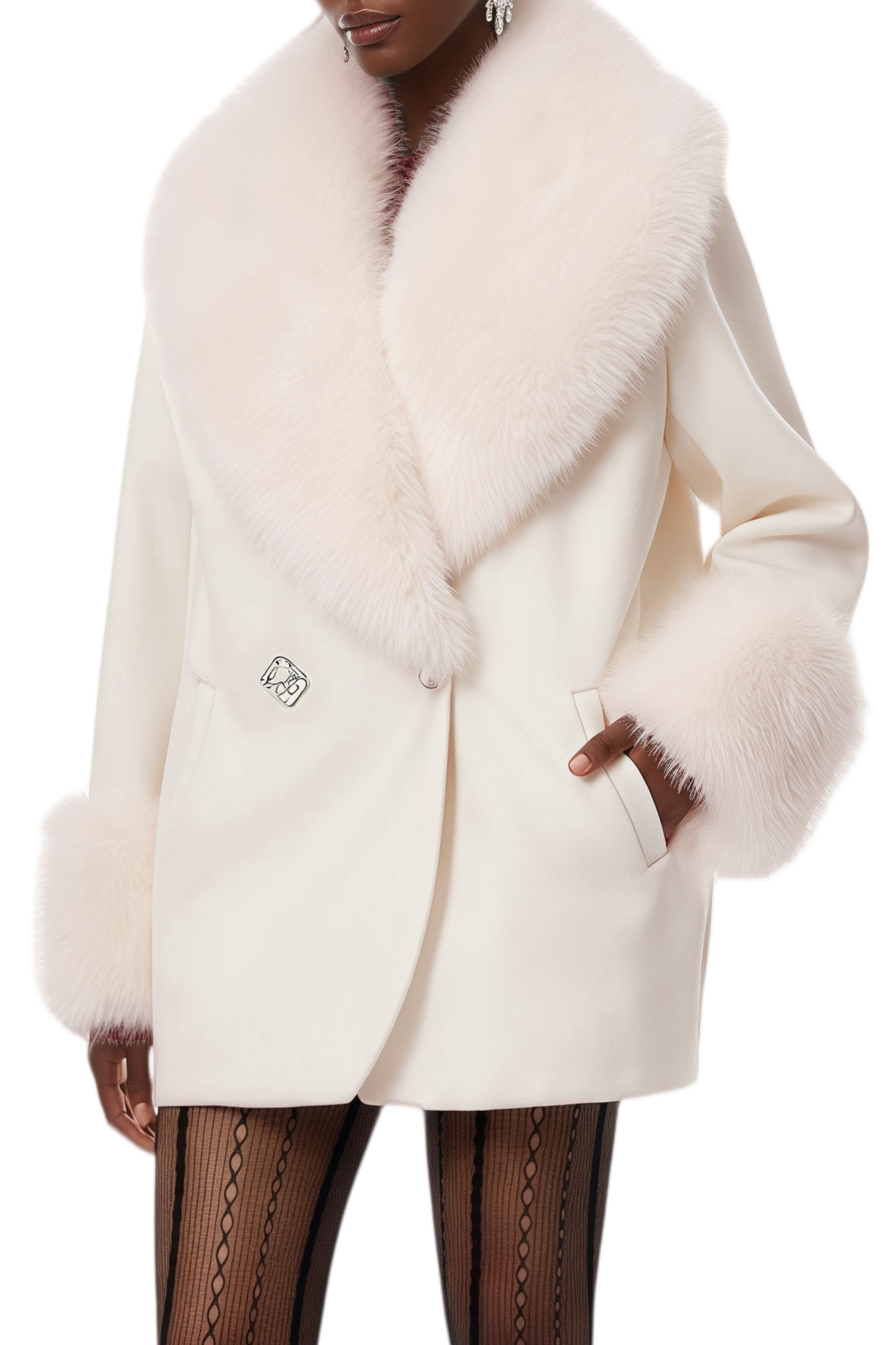 Prima White Woolen Fur Trim Coat