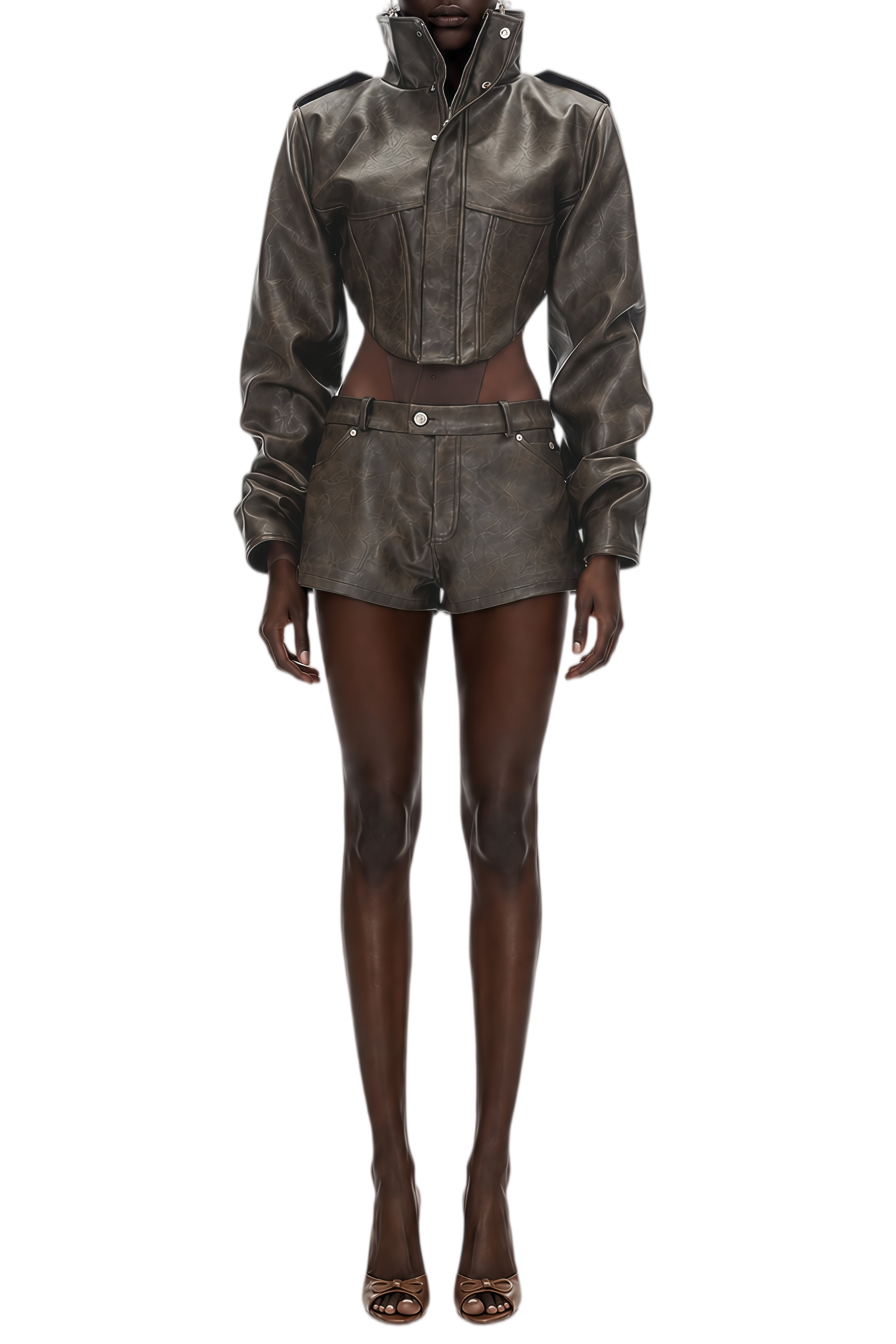 Riva Brown Leather Curved Jacket & Shorts Set