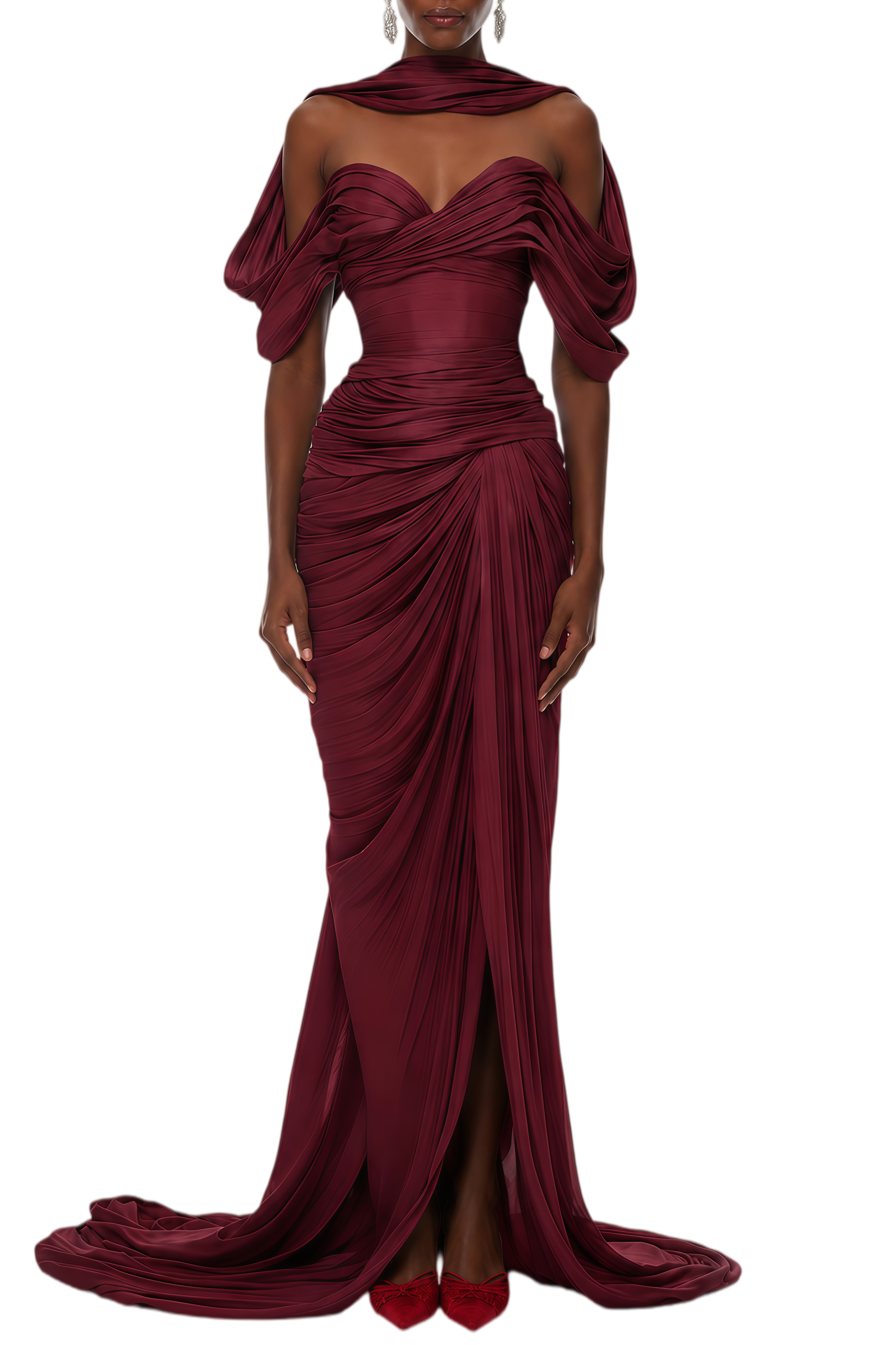 Rosalind Burgundy Ruched Asymmetrical Maxi Dress