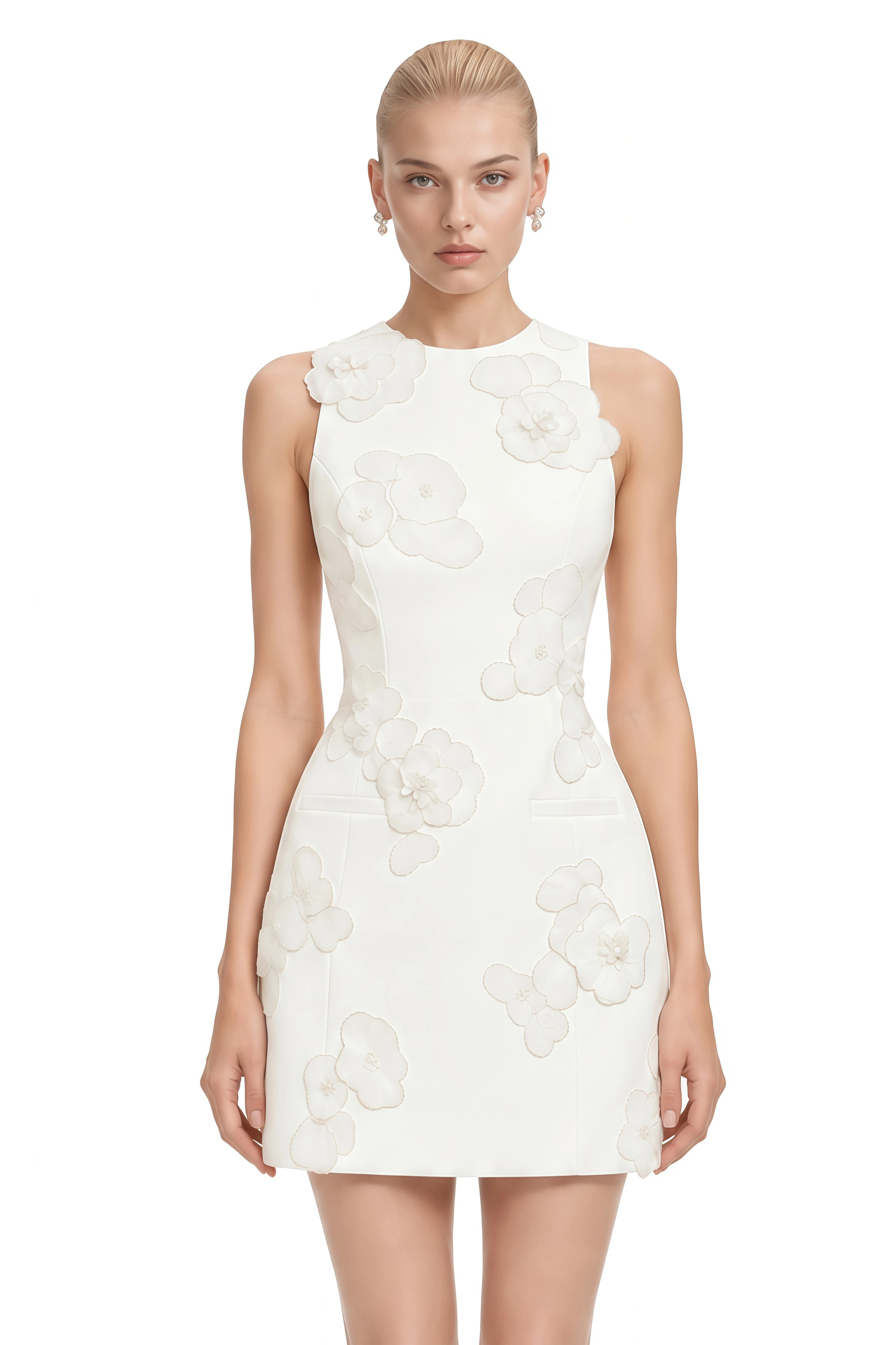 Rosalind White Round Neck Floral Appliqué Mini Dress