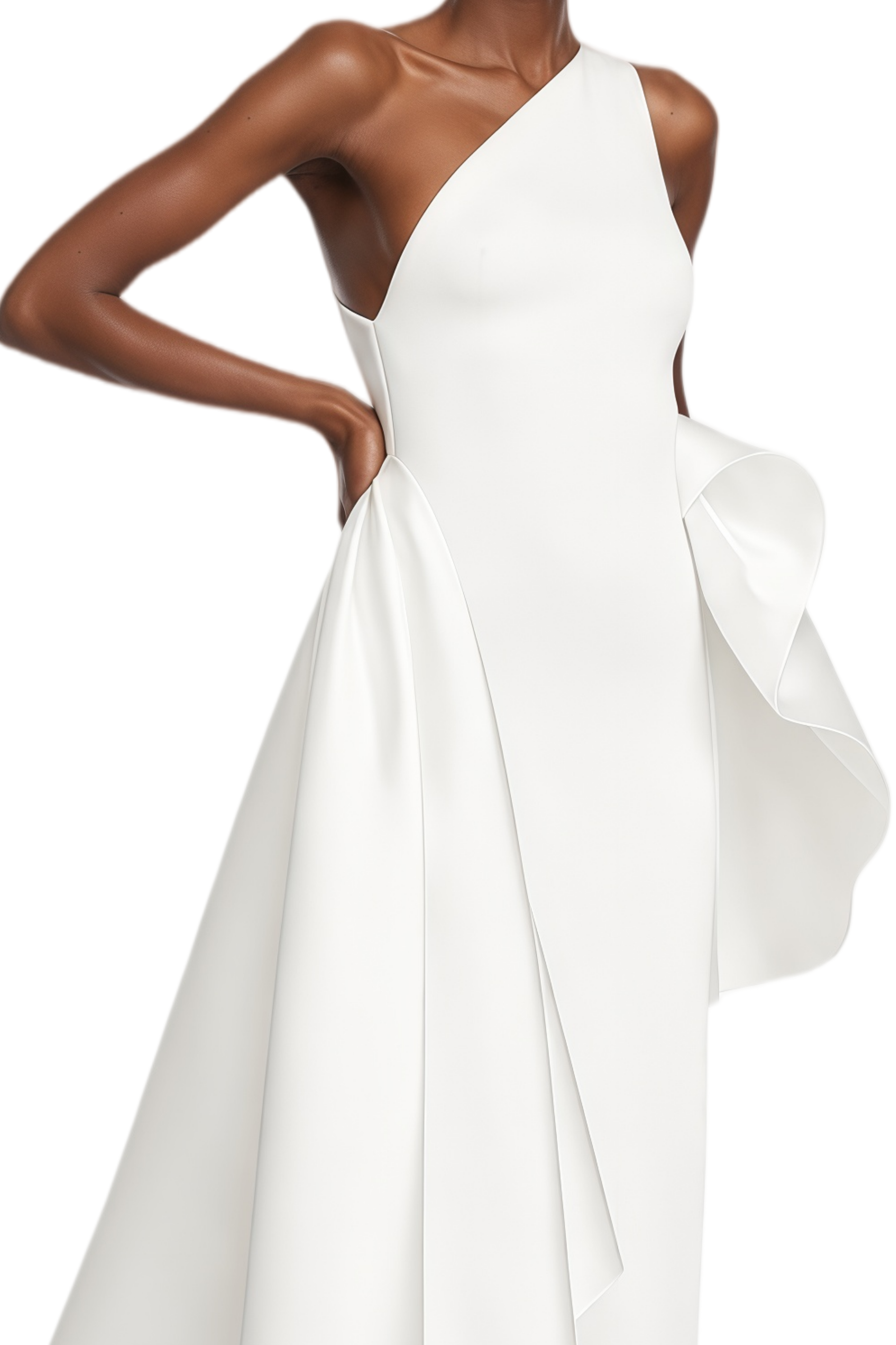 Rowena White Asymmetric Ruffle Trim Maxi Dress