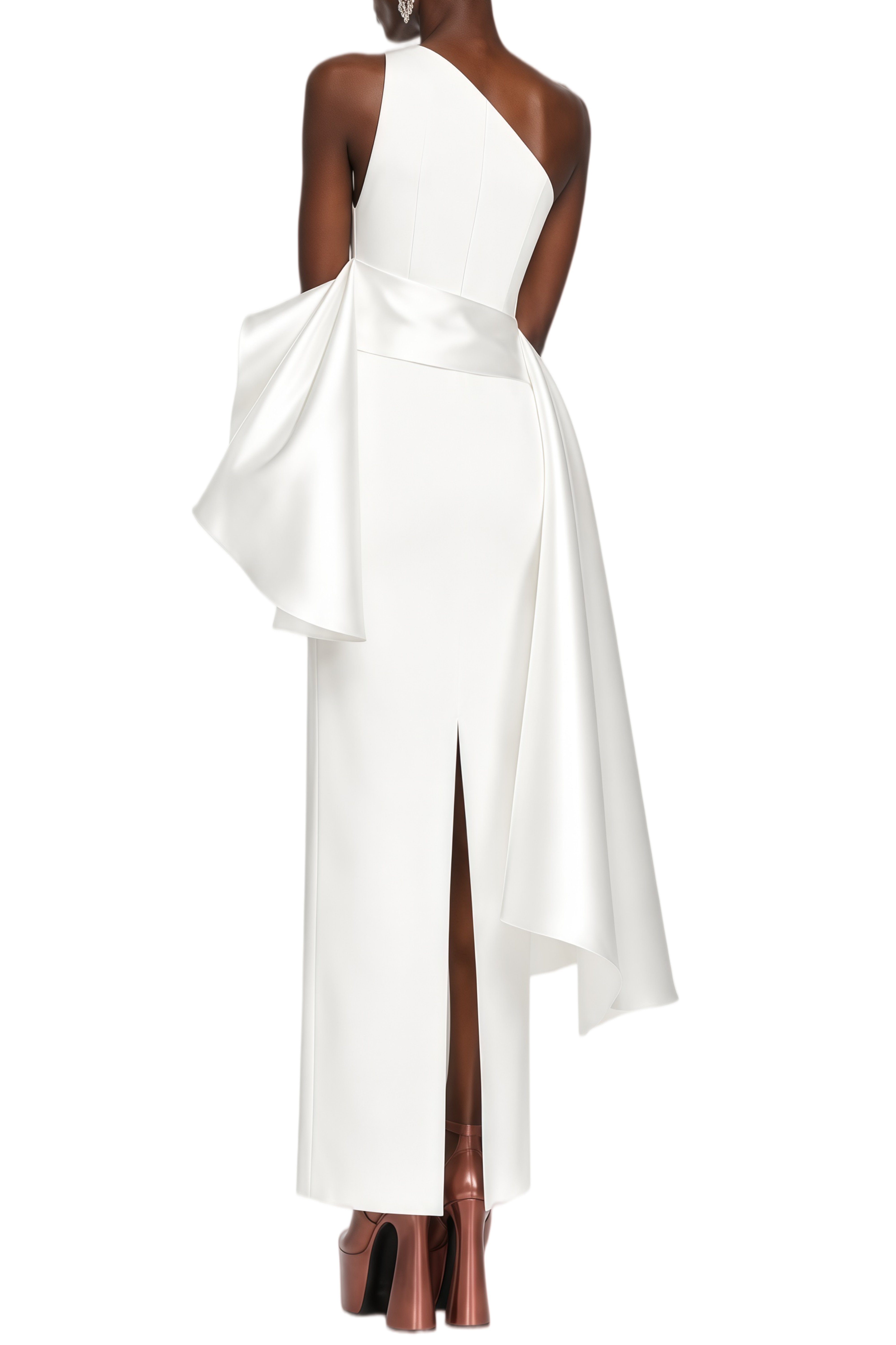 Rowena White Asymmetric Ruffle Trim Maxi Dress