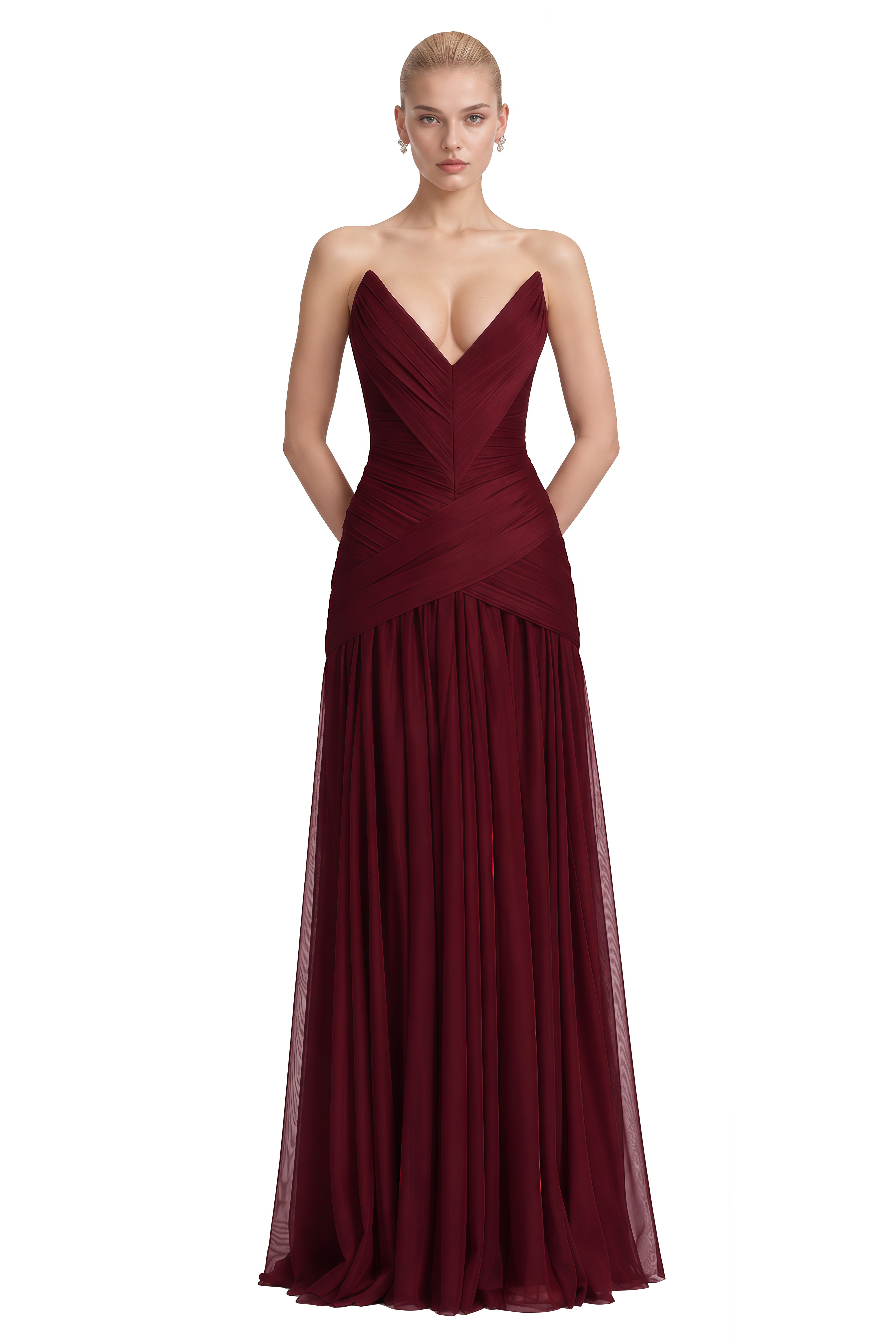 Serenity Burgundy Strapless V-Neck Maxi Dress