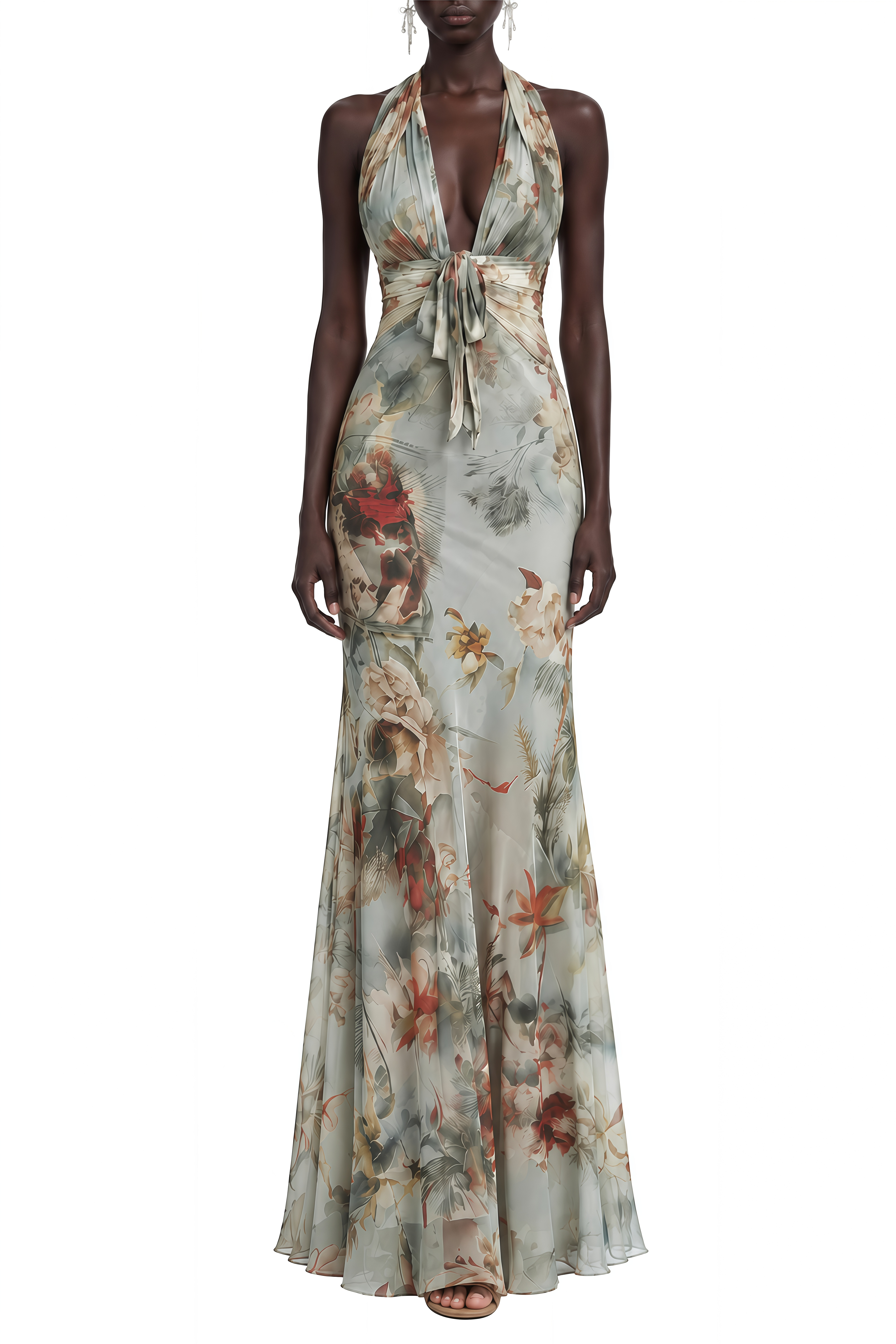 Serenity Green Floral Print Ruched Maxi Dress