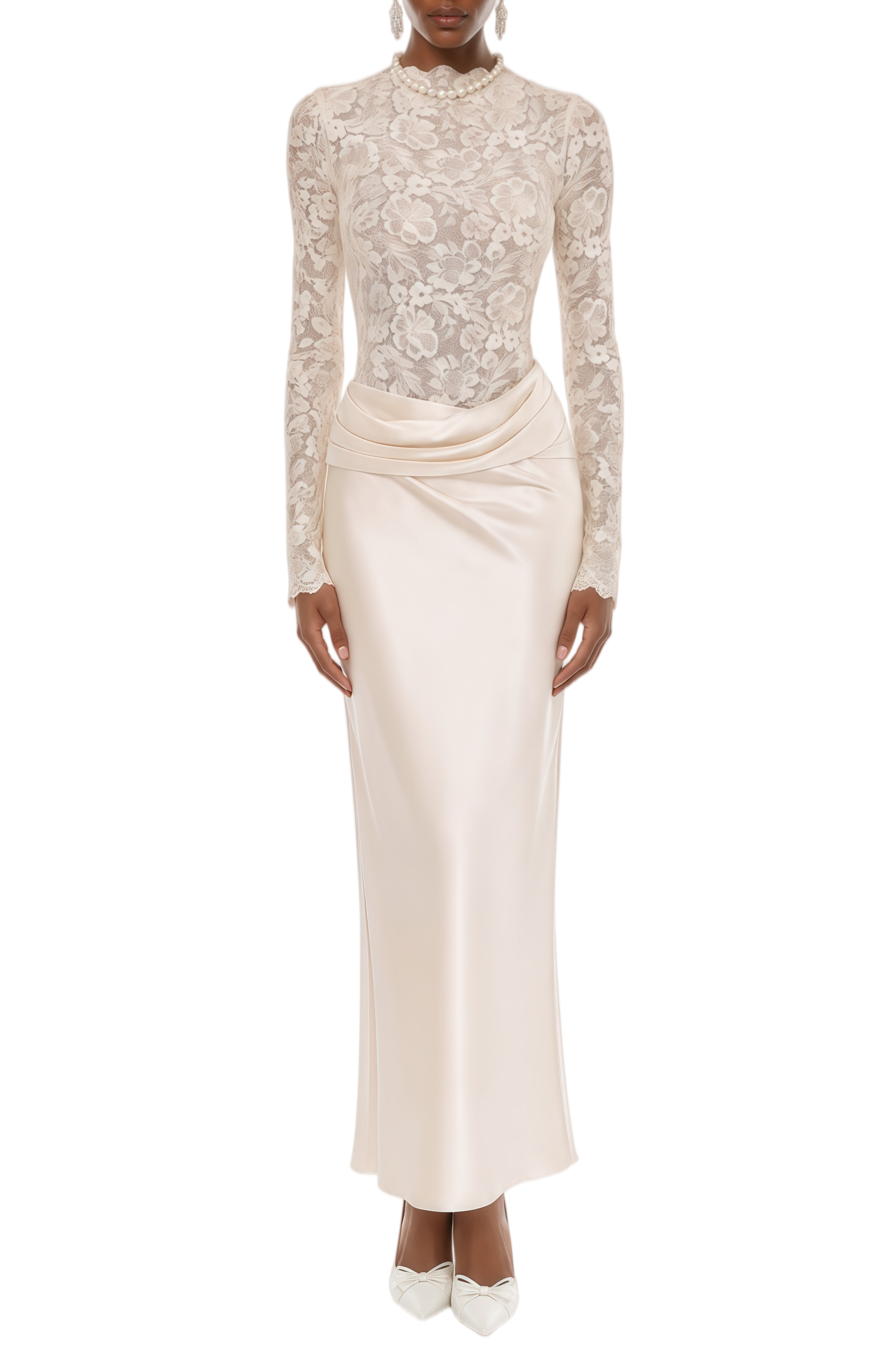 Veromca White Floral Lace Draped Maxi Dress