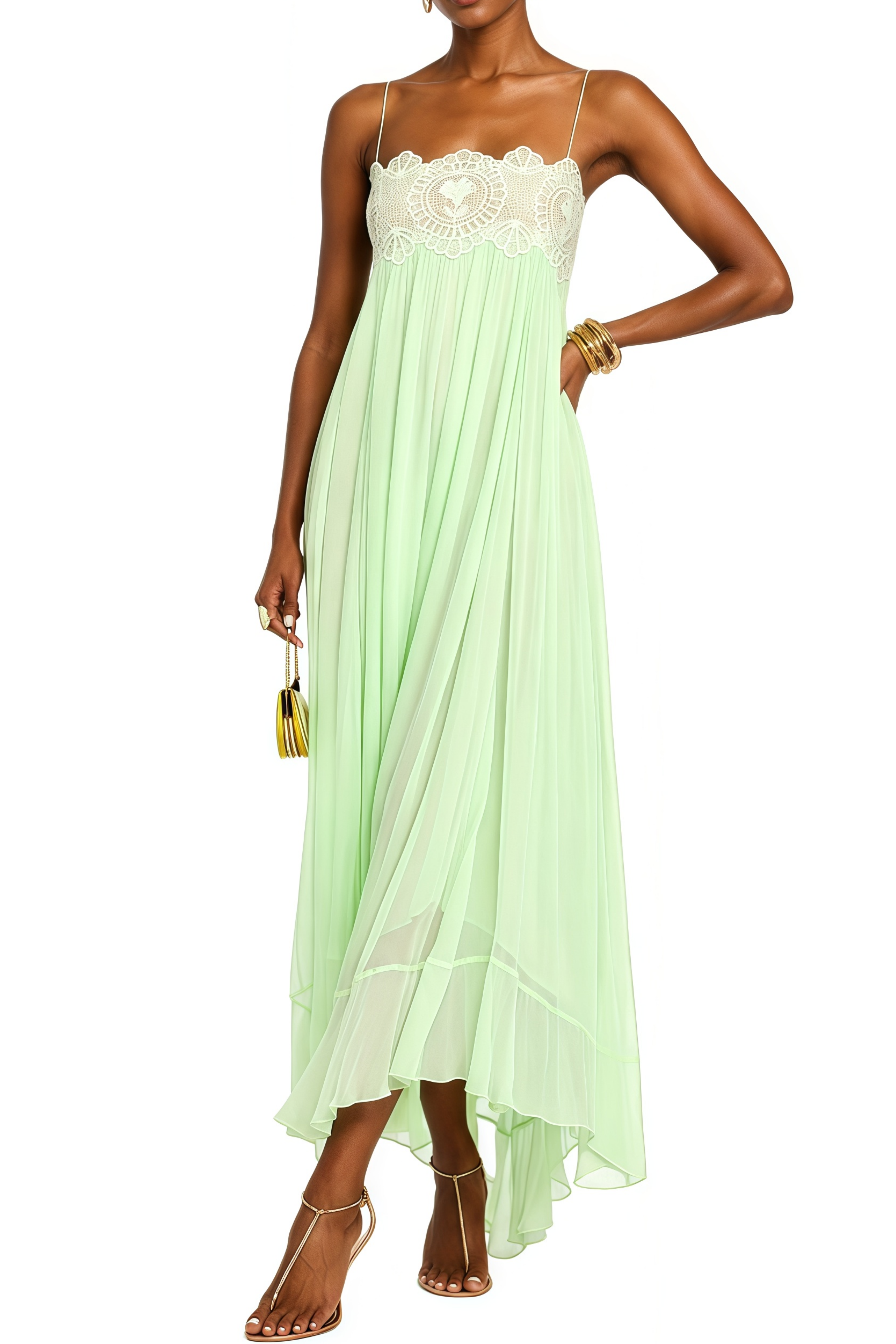 Barbara Green Lace Panel Pleated Maxi Dress