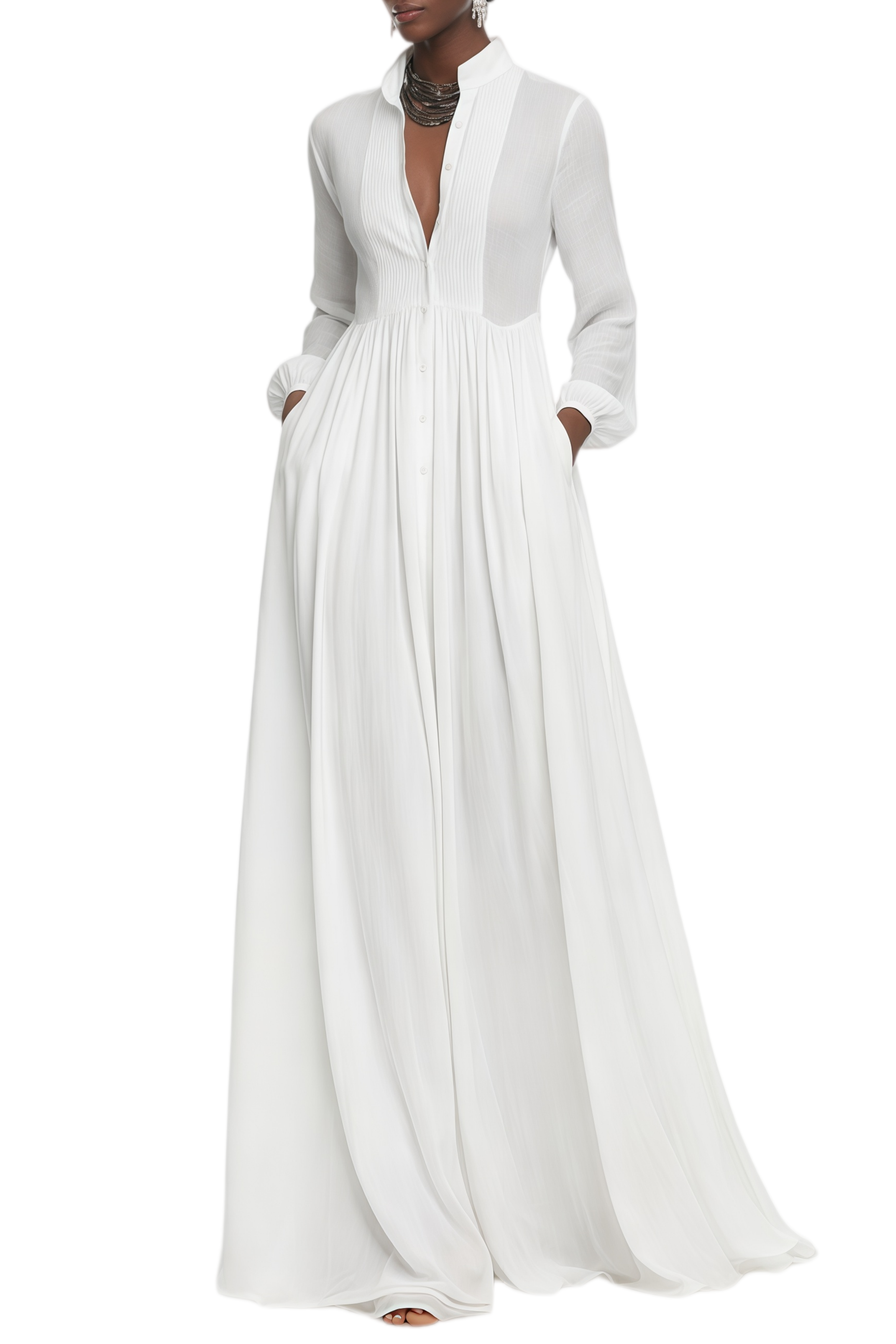 Gemma White Pleated Balloon Sleeve Maxi Dress