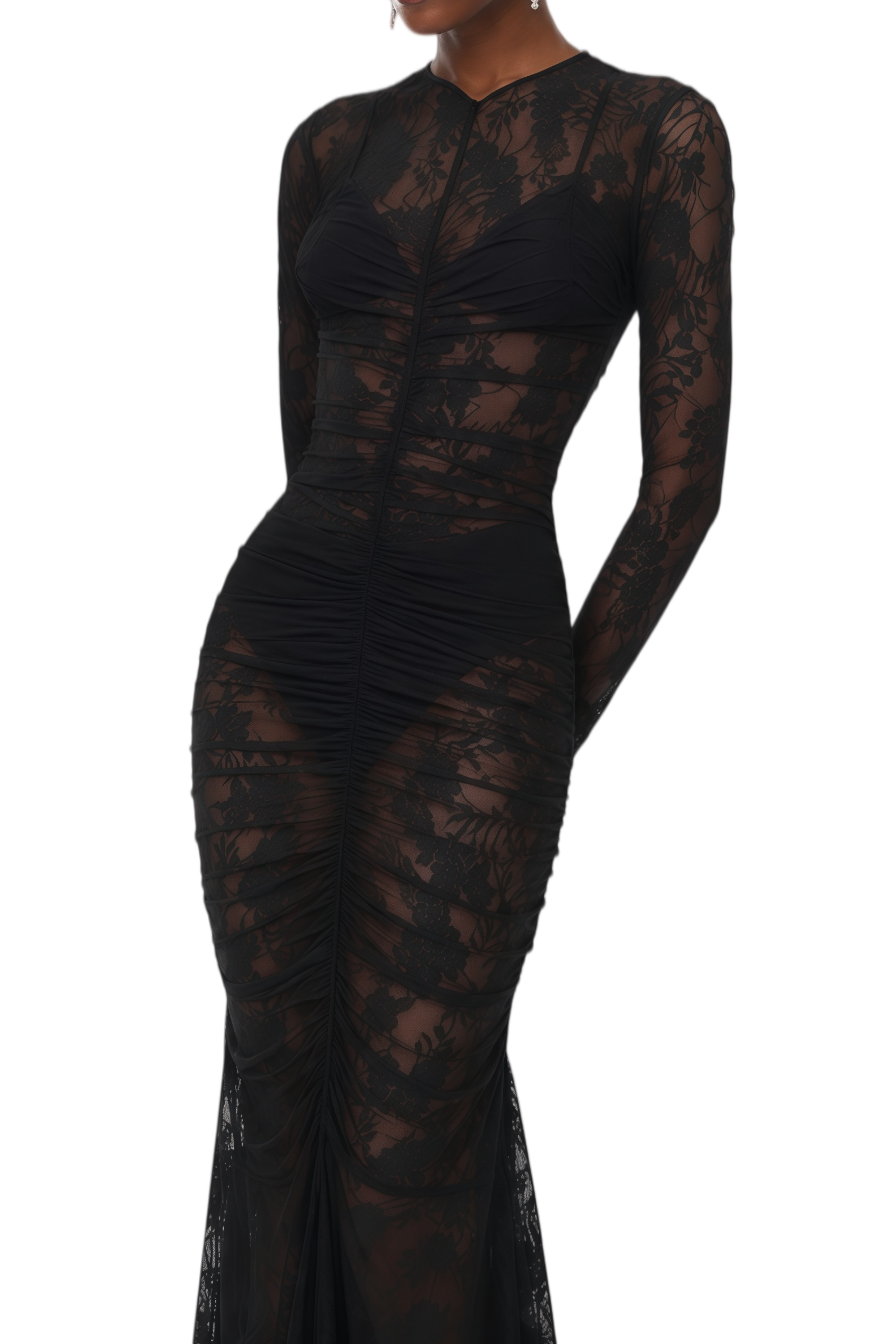 Janice Black Sheer Floral Lace Maxi Dress