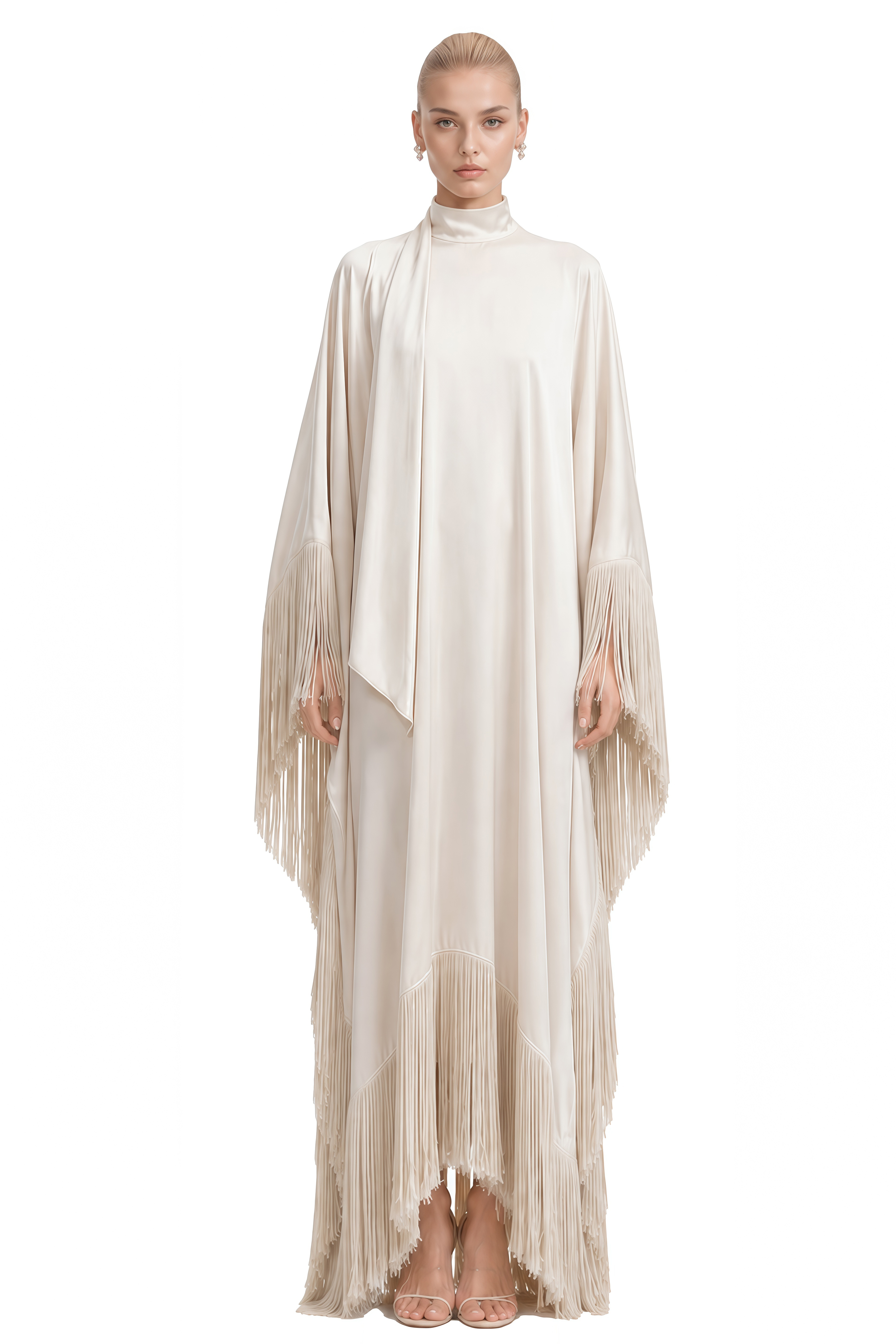 Thalia Ivory Cape Sleeves Fringe Maxi Dress