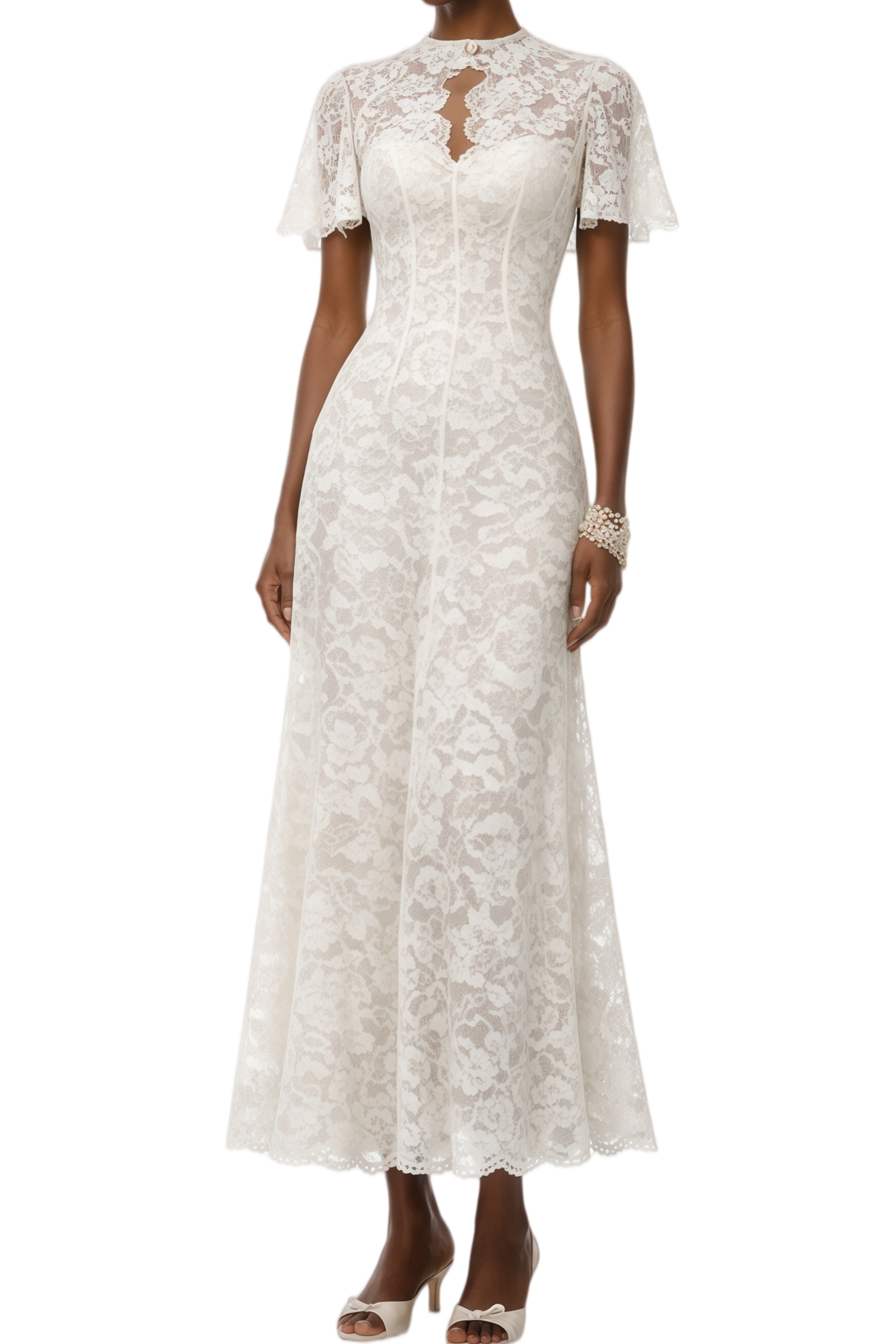 Claire White Cape Design Floral Lace Midi Dress