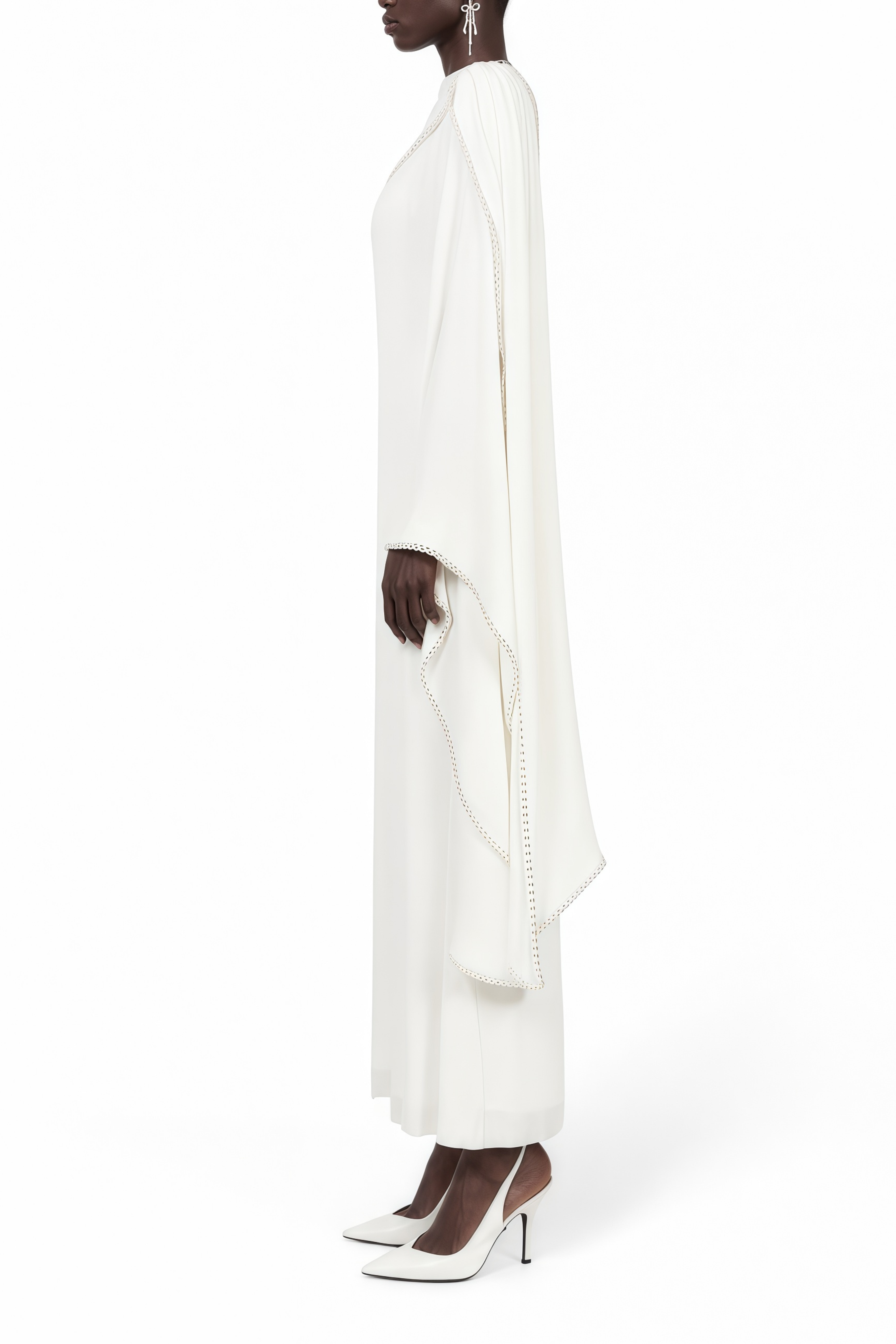Maëlle White Cape Design Pearl Trim Maxi Dress