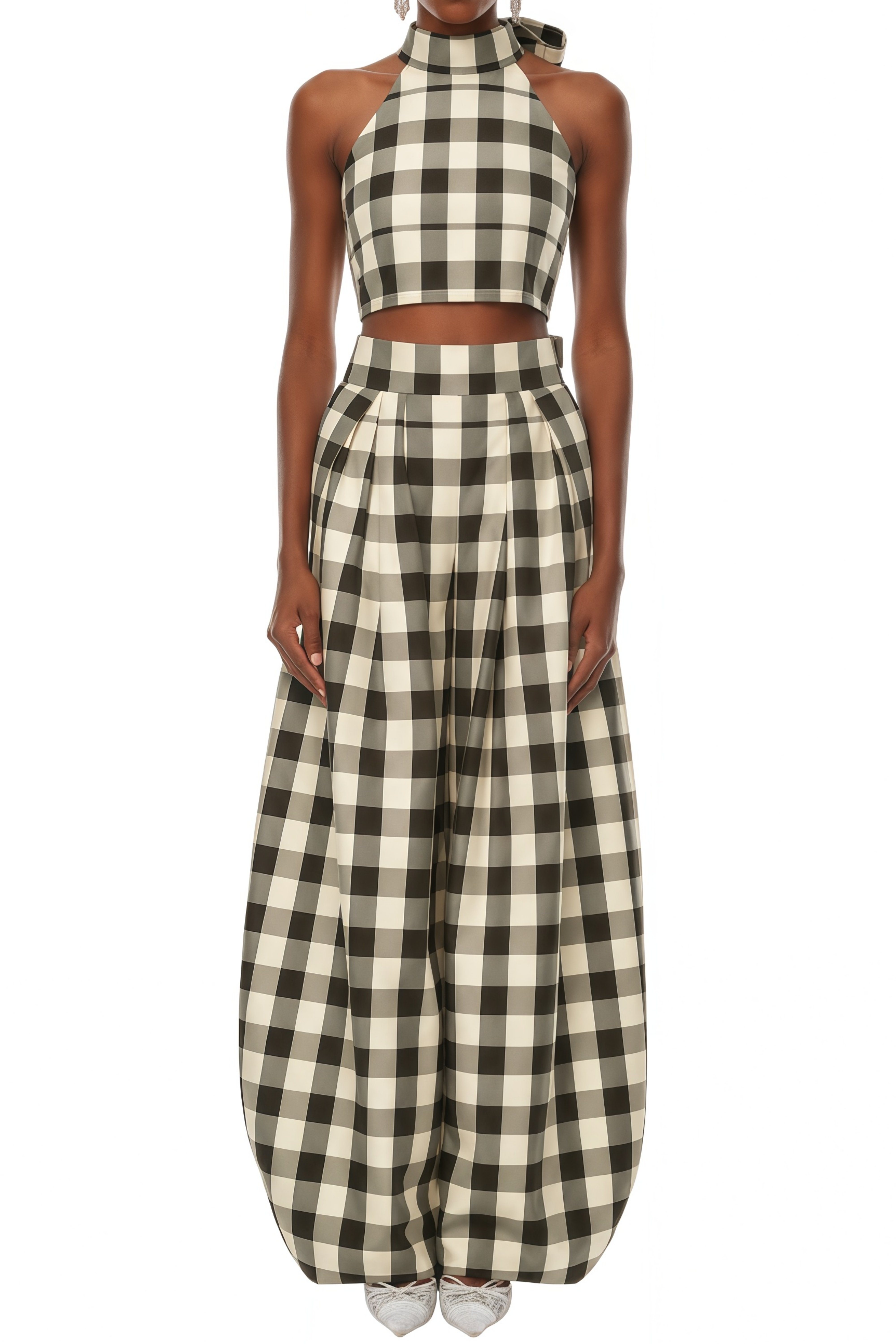 Elvira Brown Gingham Print Top & Trousers Set