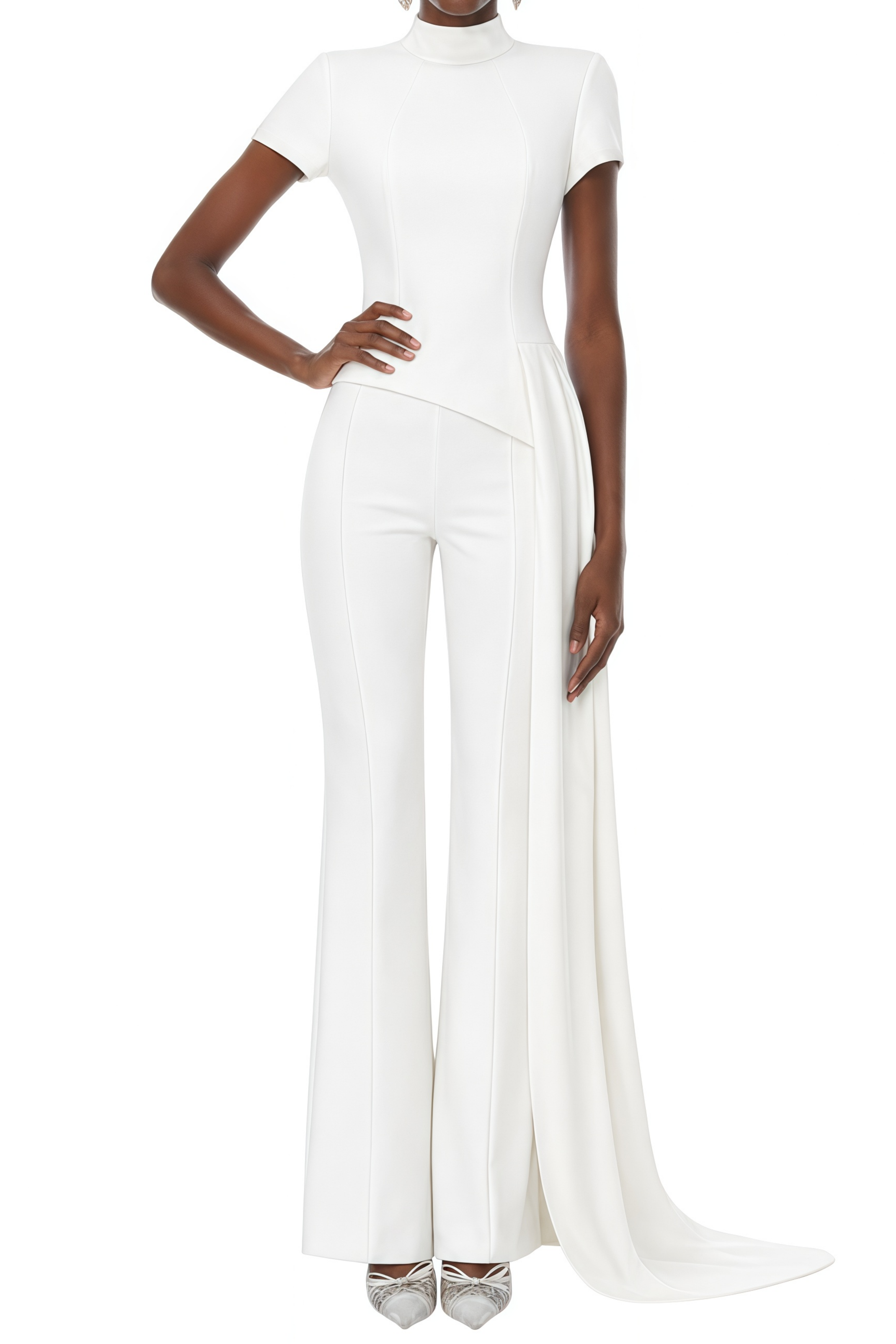 Jamie White Asymmetrical Ribbon Design Top & Trousers Set