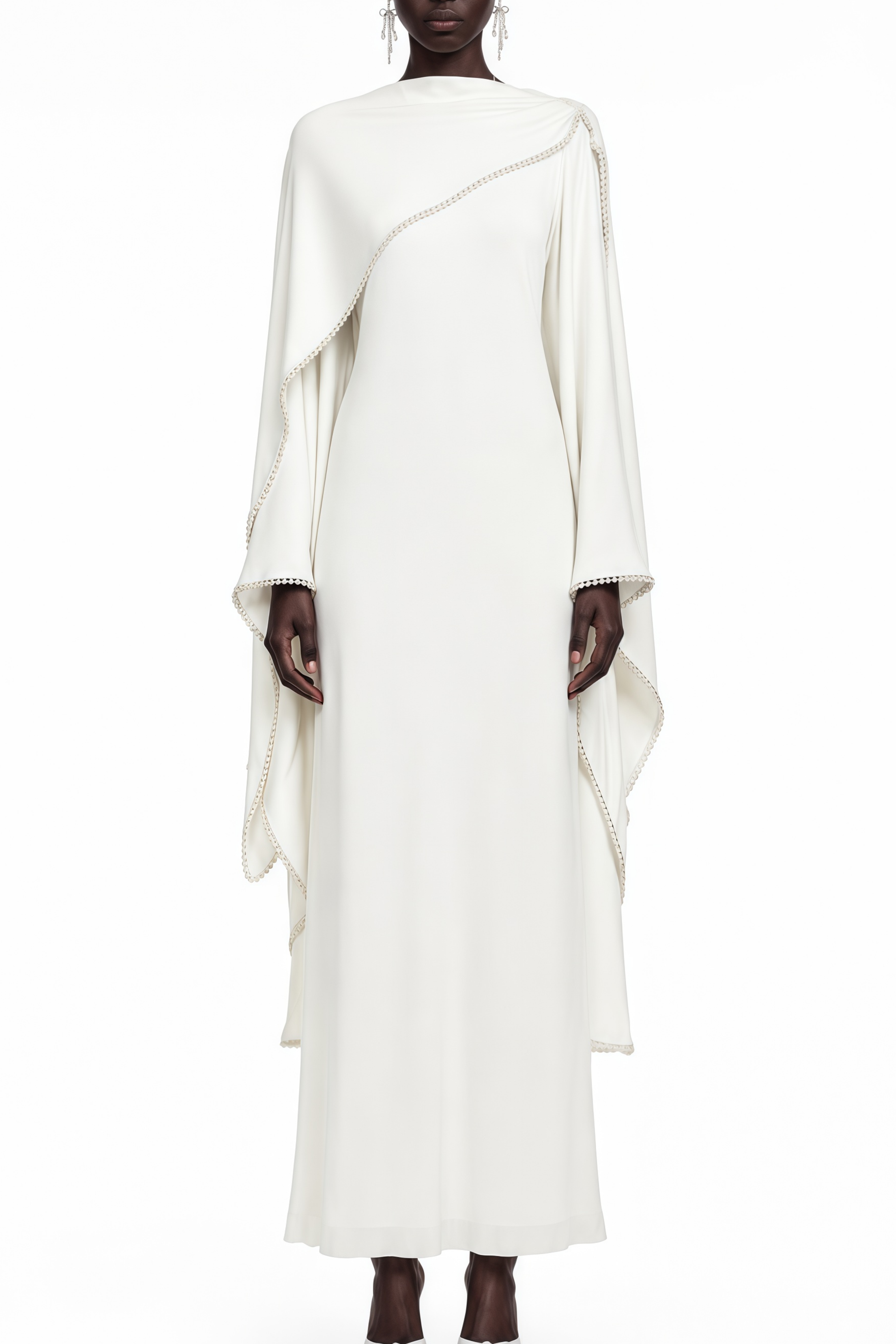 Maëlle White Cape Design Pearl Trim Maxi Dress