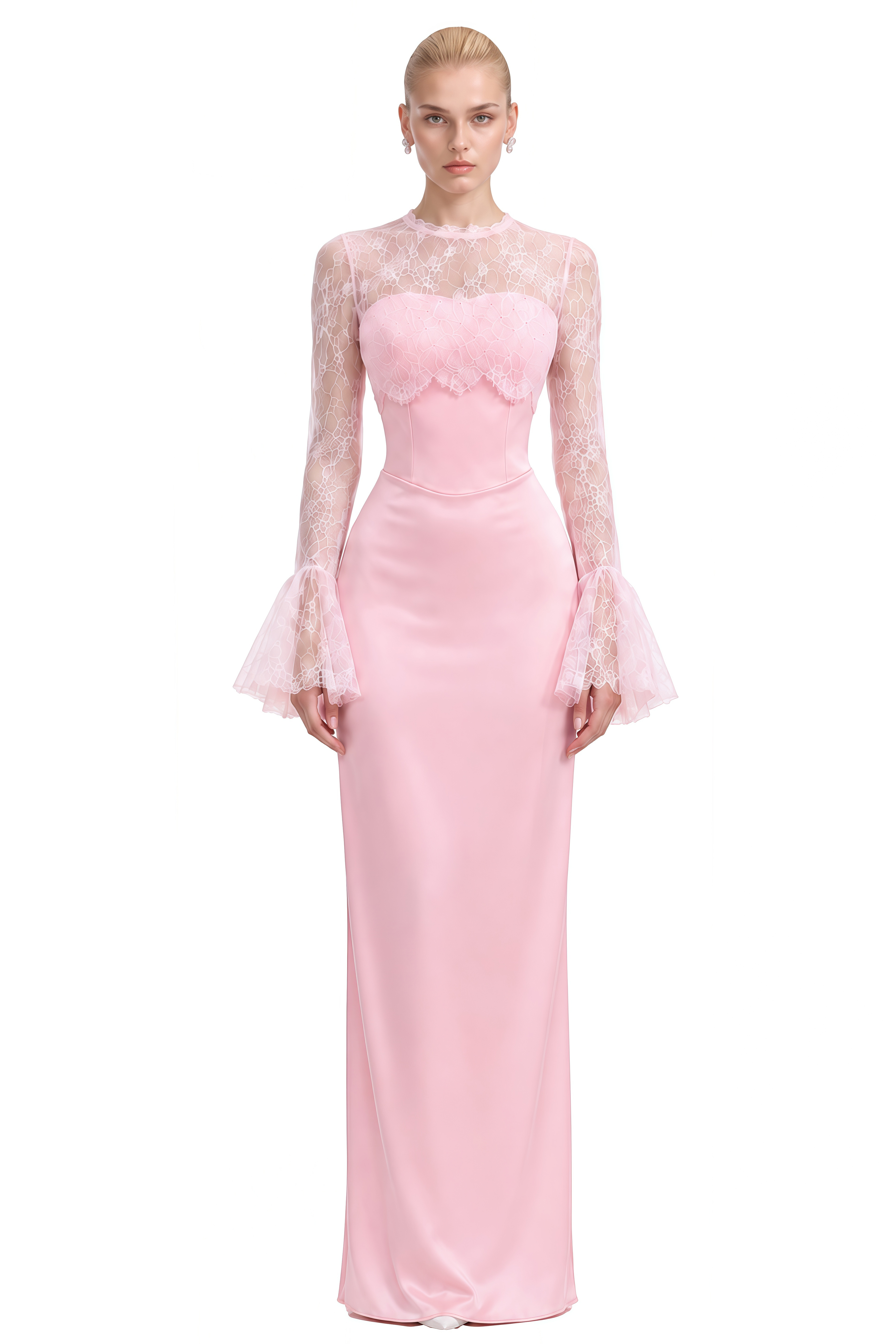 Bronte Pink Long Sleeves Lace Maxi Dress