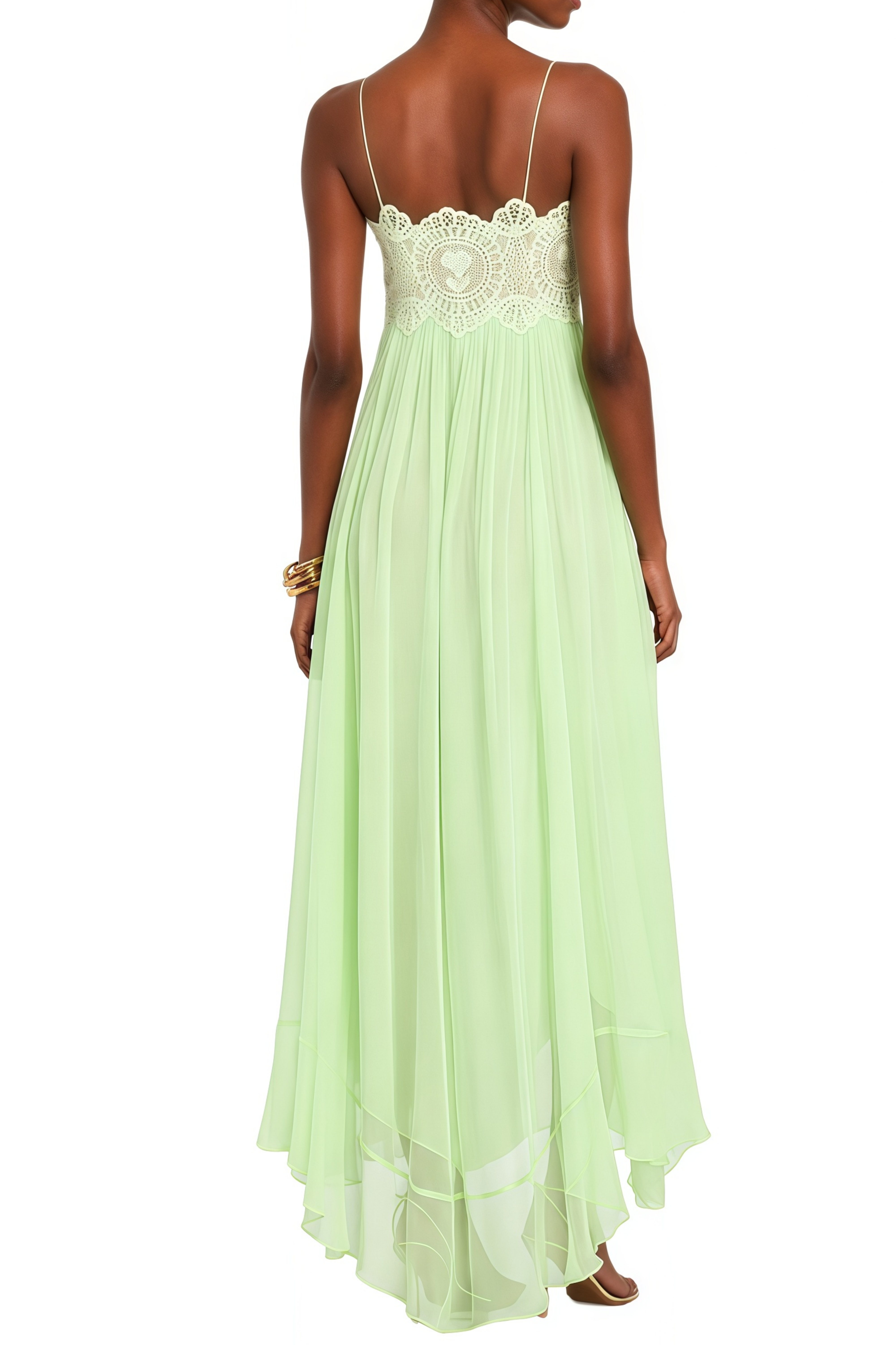 Barbara Green Lace Panel Pleated Maxi Dress