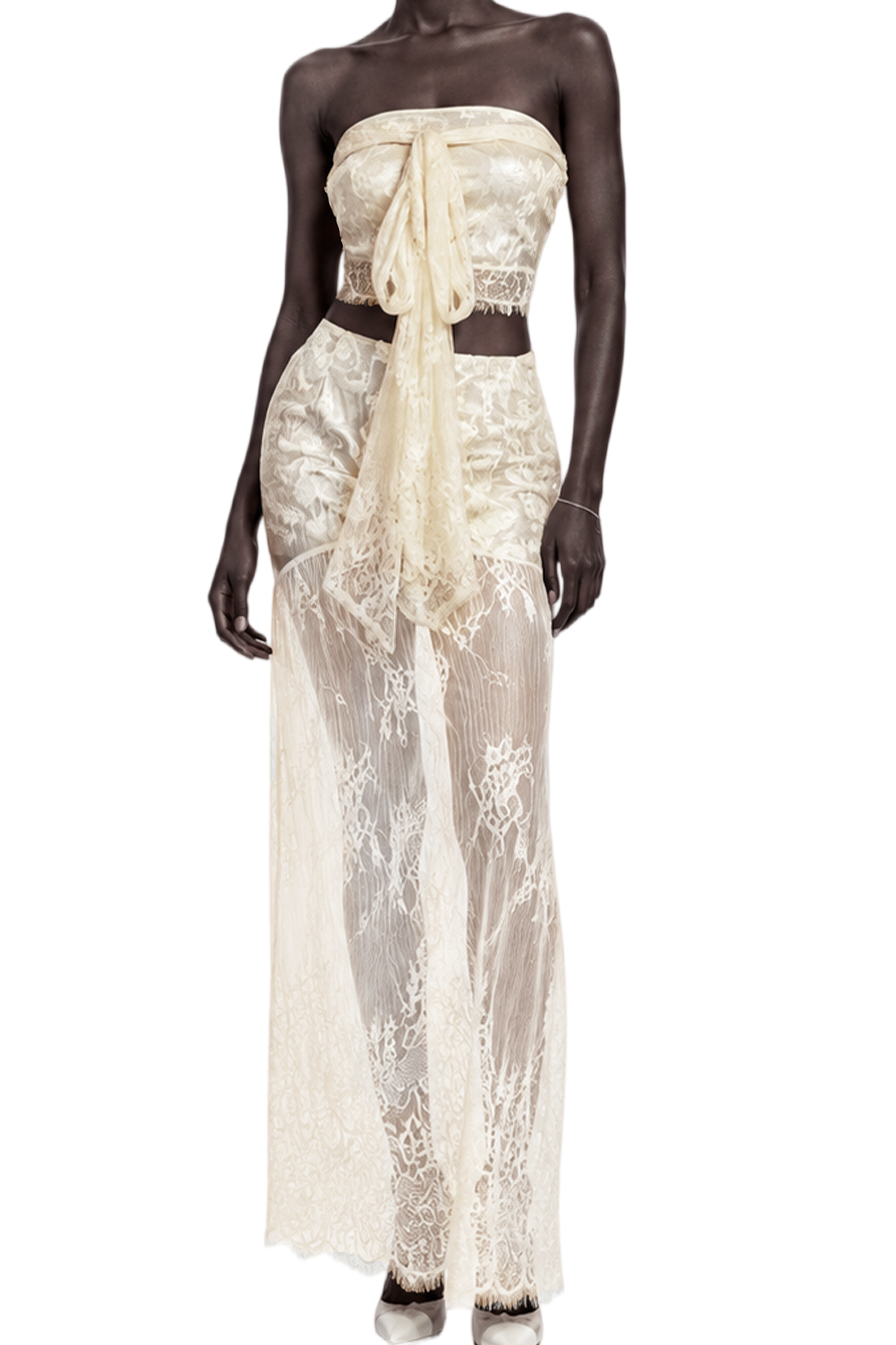 Ophelia Neutral Halterneck Lace Overlay Top & Skirt Set