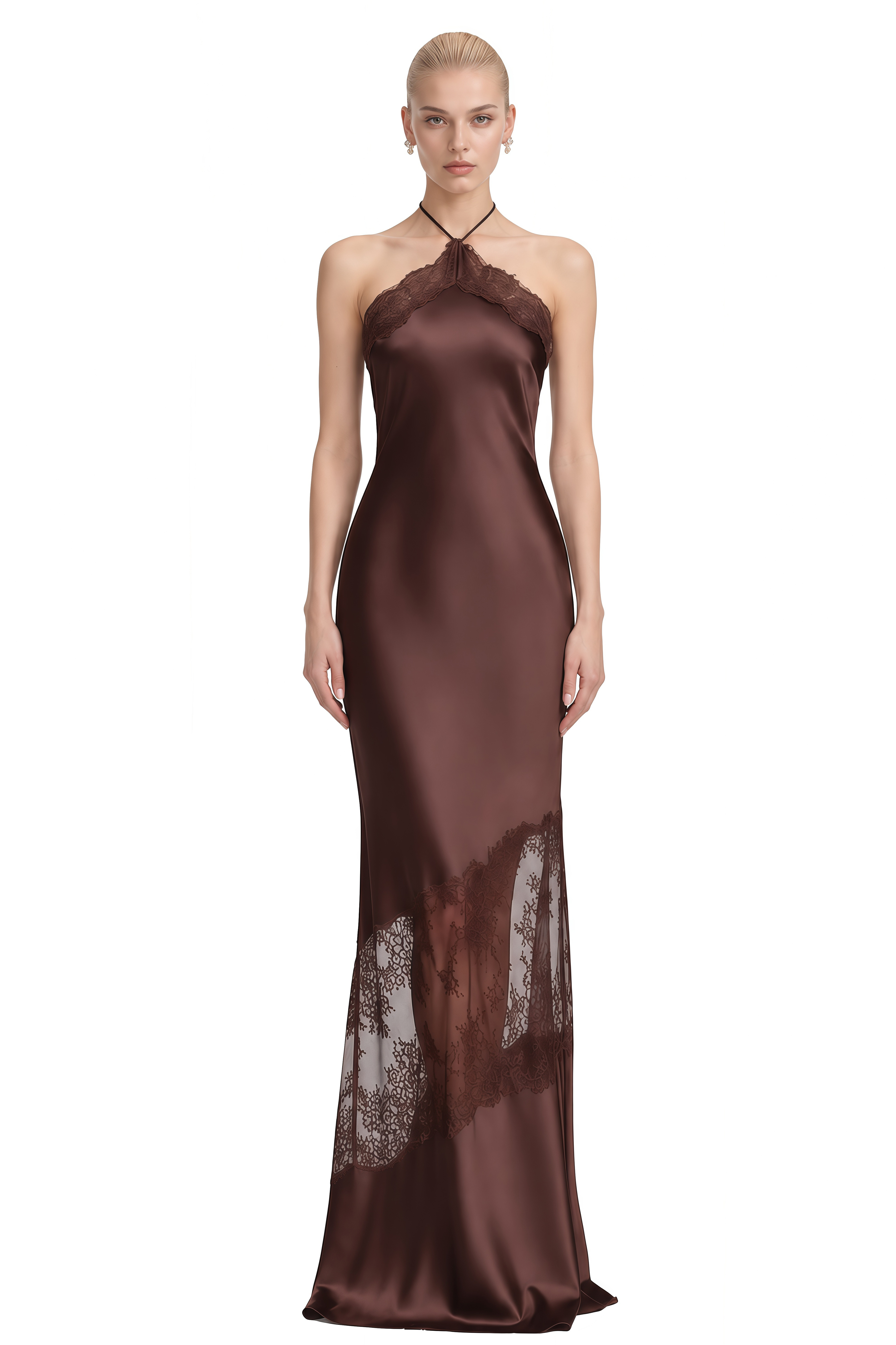 Sylvia Dark Brown Halterneck Lace Maxi Dress