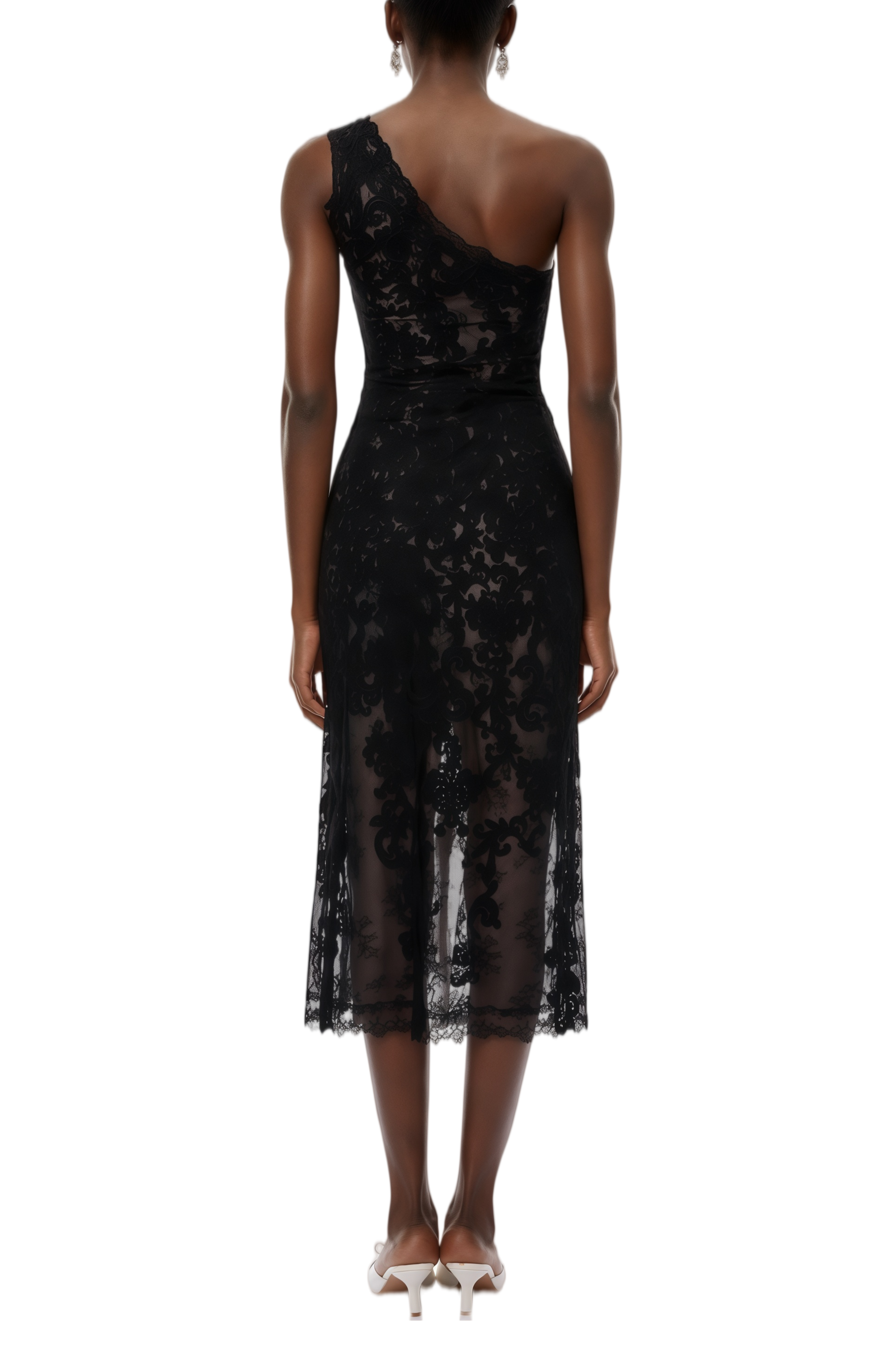 Chloe Black One Shoulder Floral Lace Panel Midi Dress