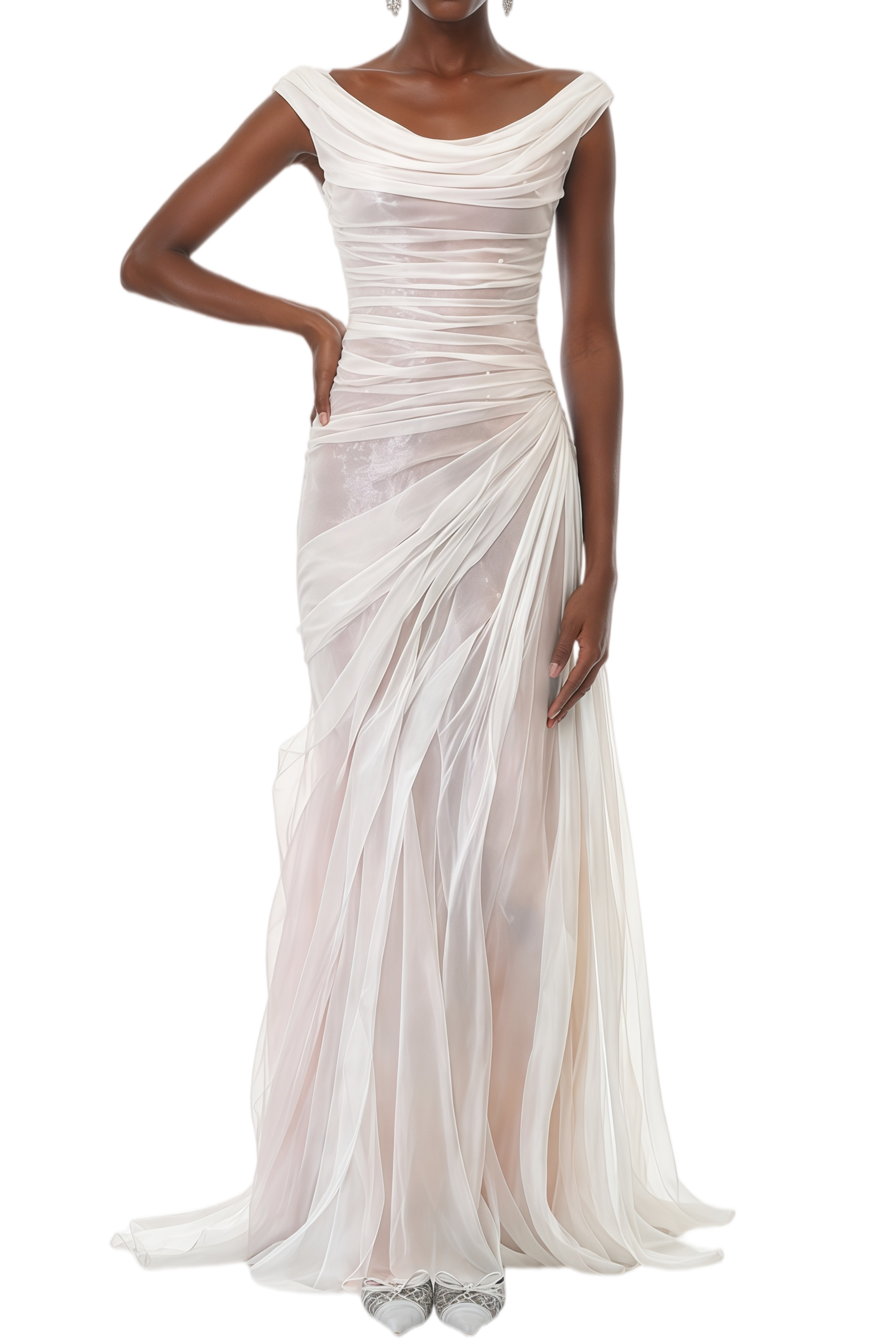 Deirdre Cream White Ruched Asymmetrical Maxi Dress