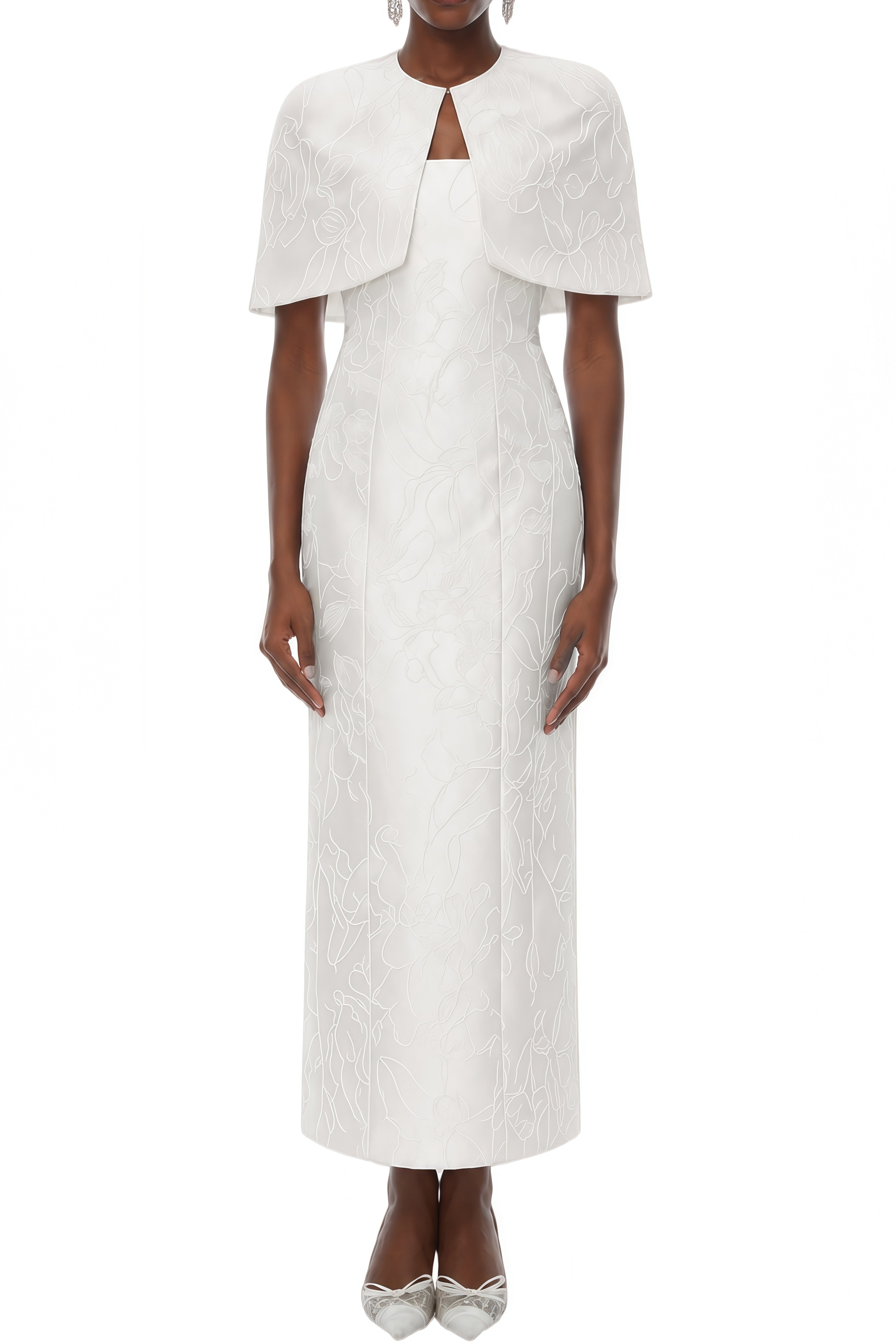 Celeste White Cape Design High Waist Midi Dress