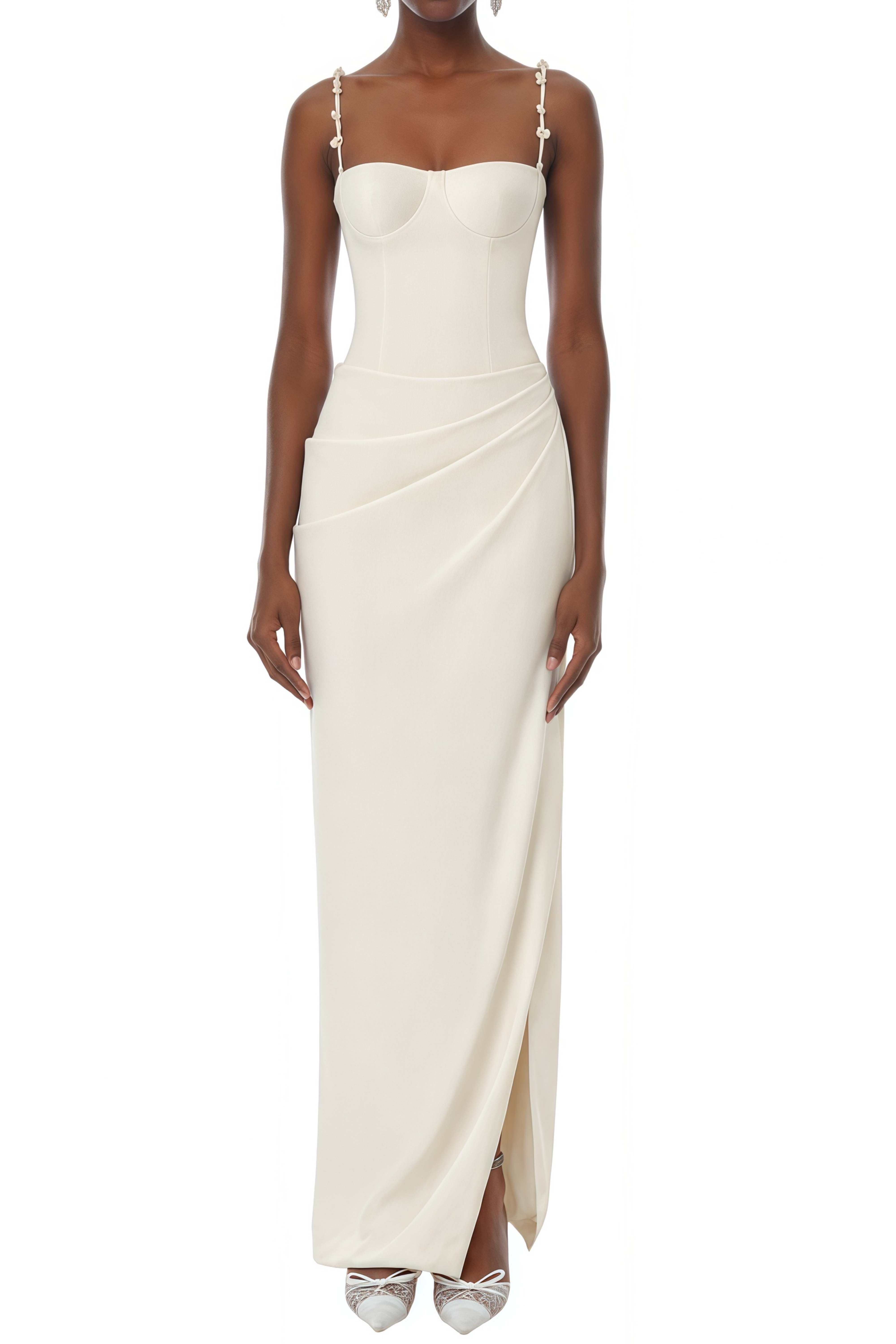 Hannah White Bustier Ruched Maxi Dress