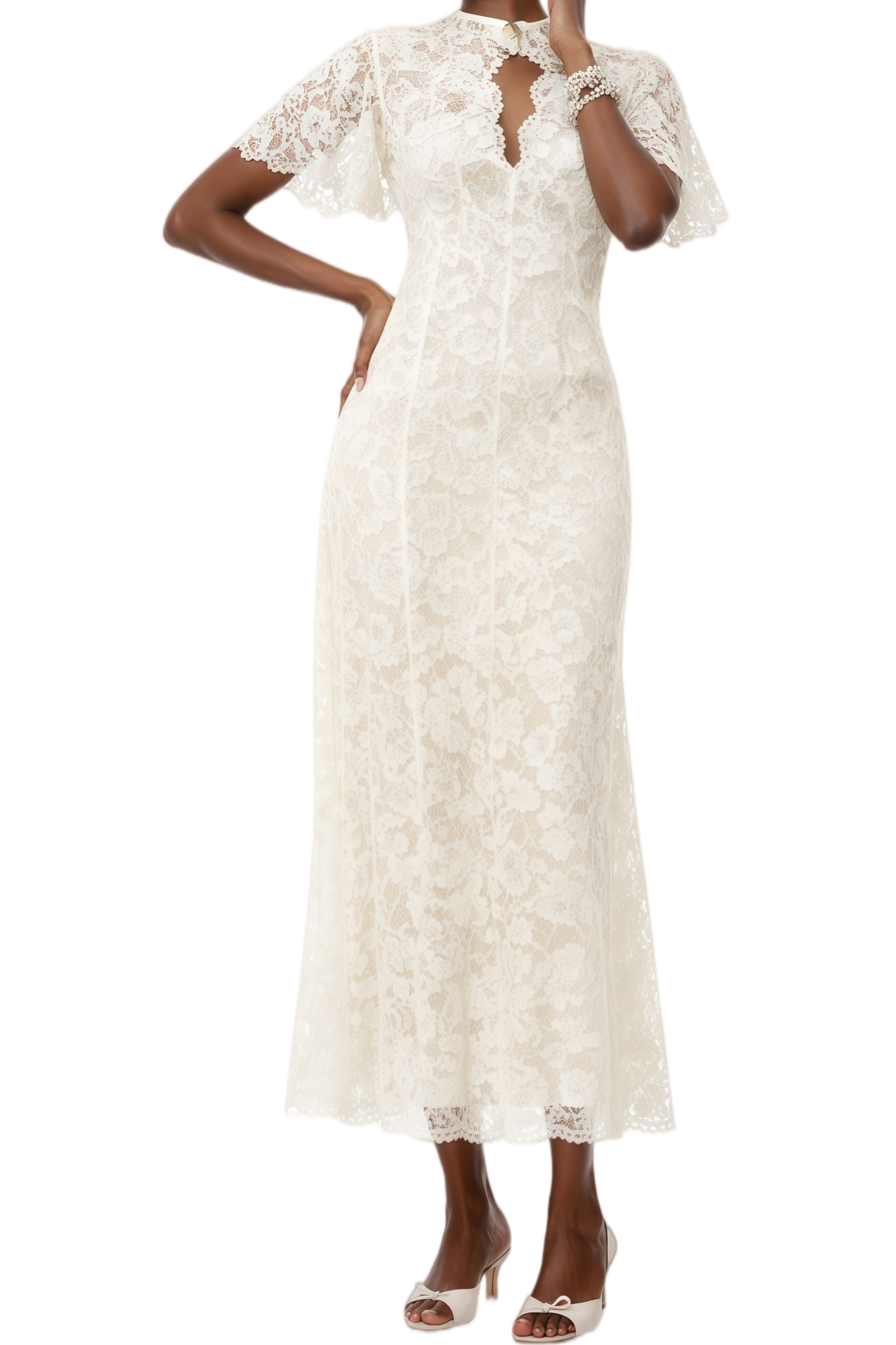 Claire White Cape Design Floral Lace Midi Dress