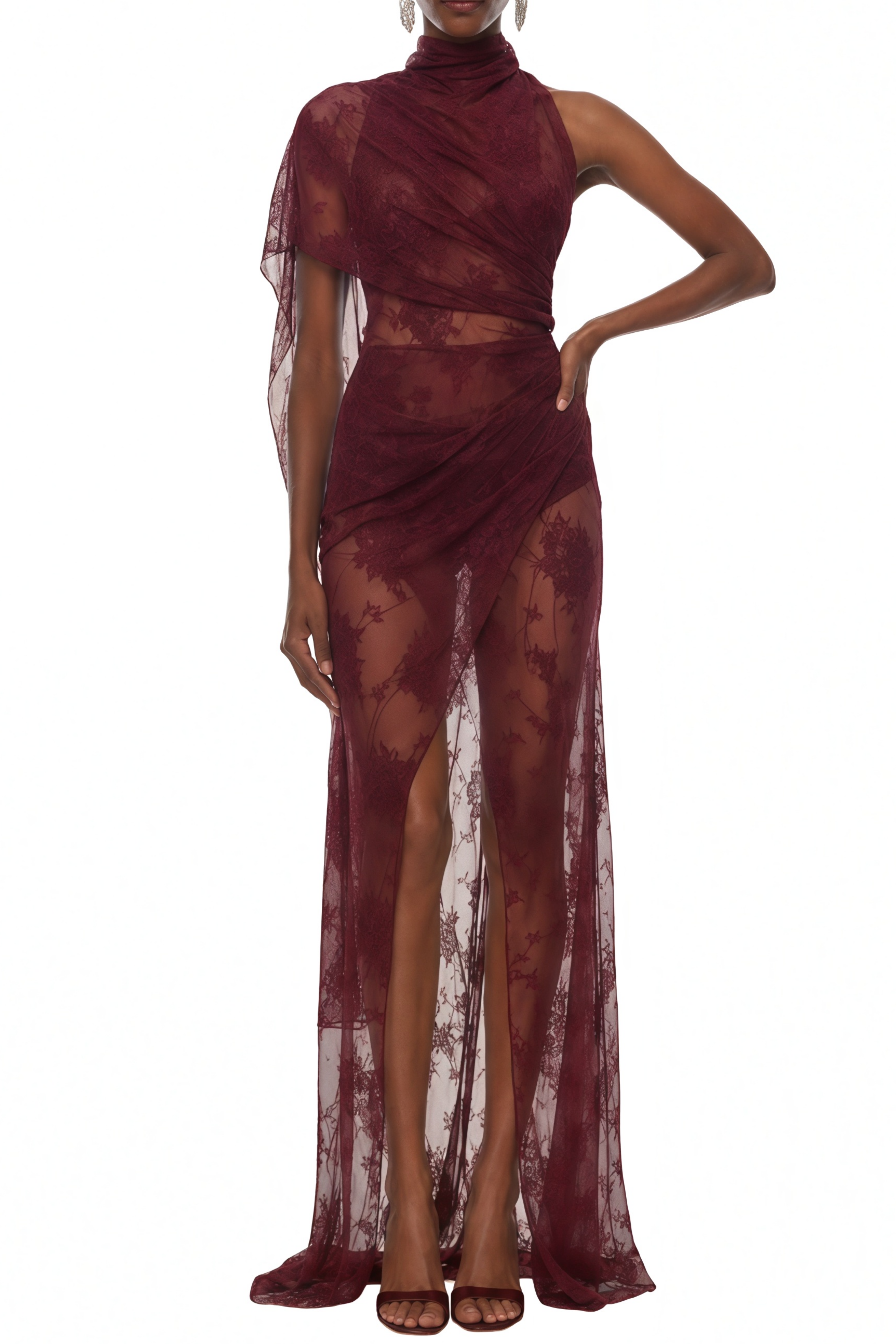 Eloise Burgundy Lace Asymmetrical Maxi Dress