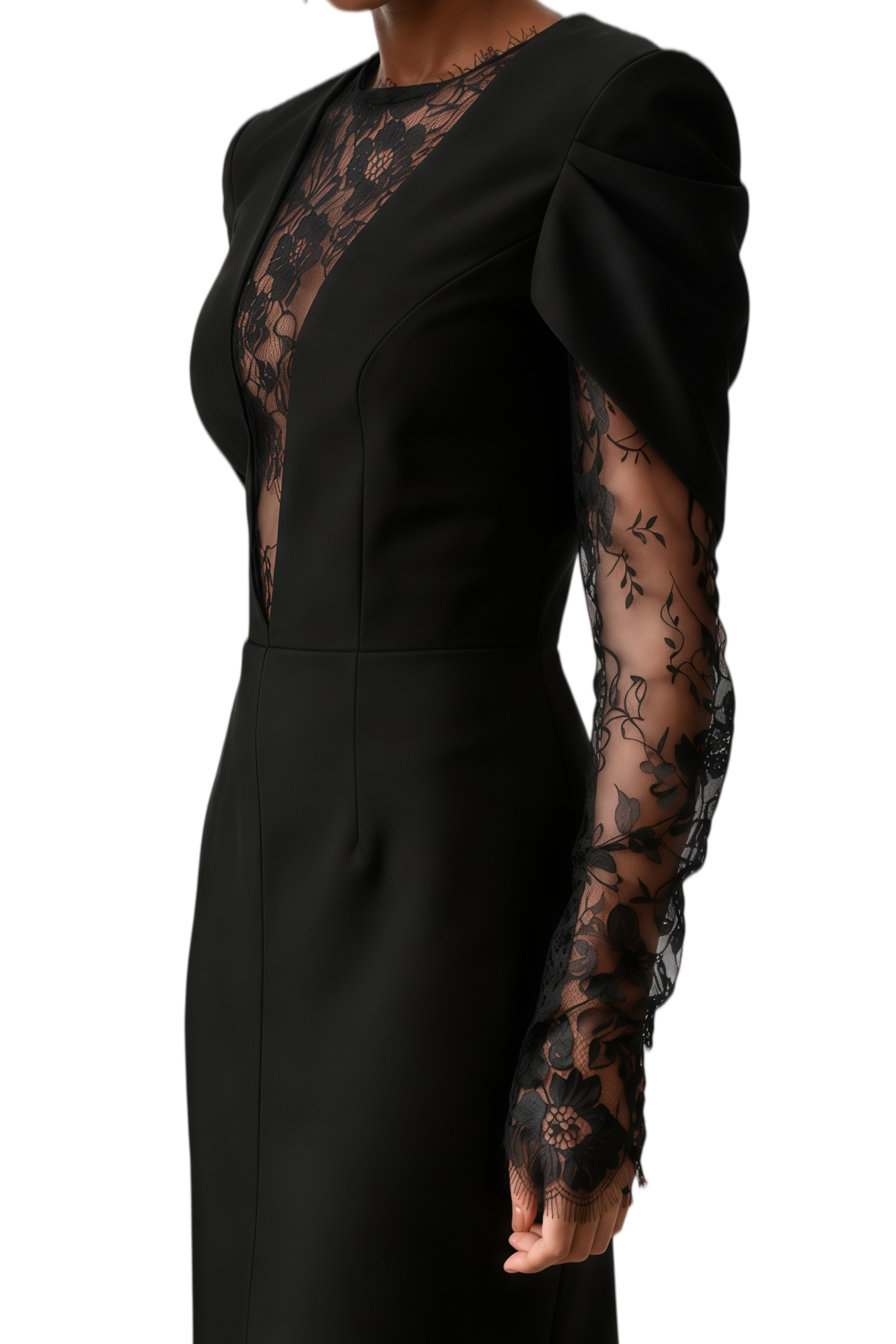 Constance Black High Slit Lace Panel Midi Dress