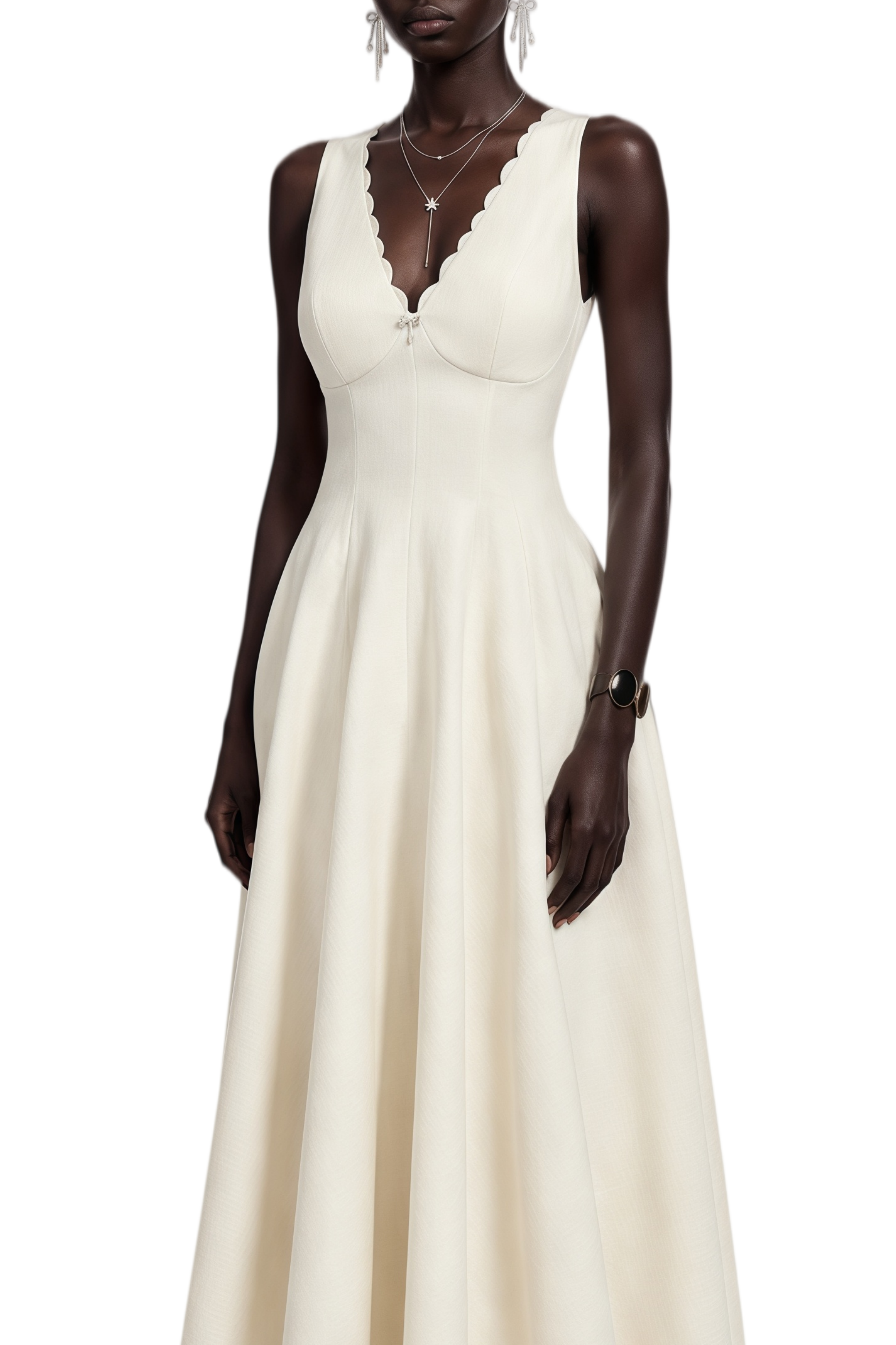 Nora White Asymmetrical Neckline Pleated Midi Dress
