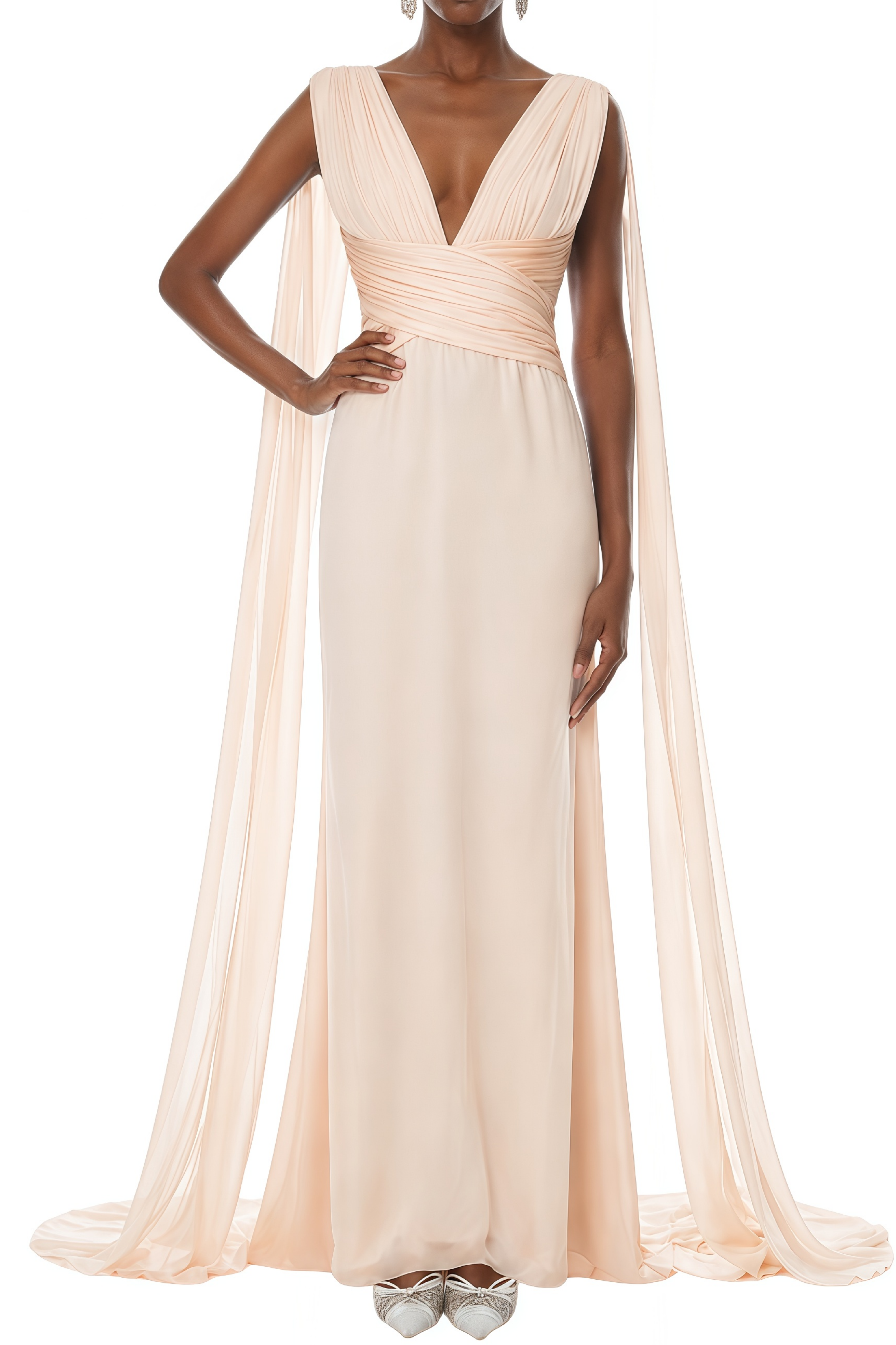 Josephine Neutral Ribbon Design Ruched Maxi Dress