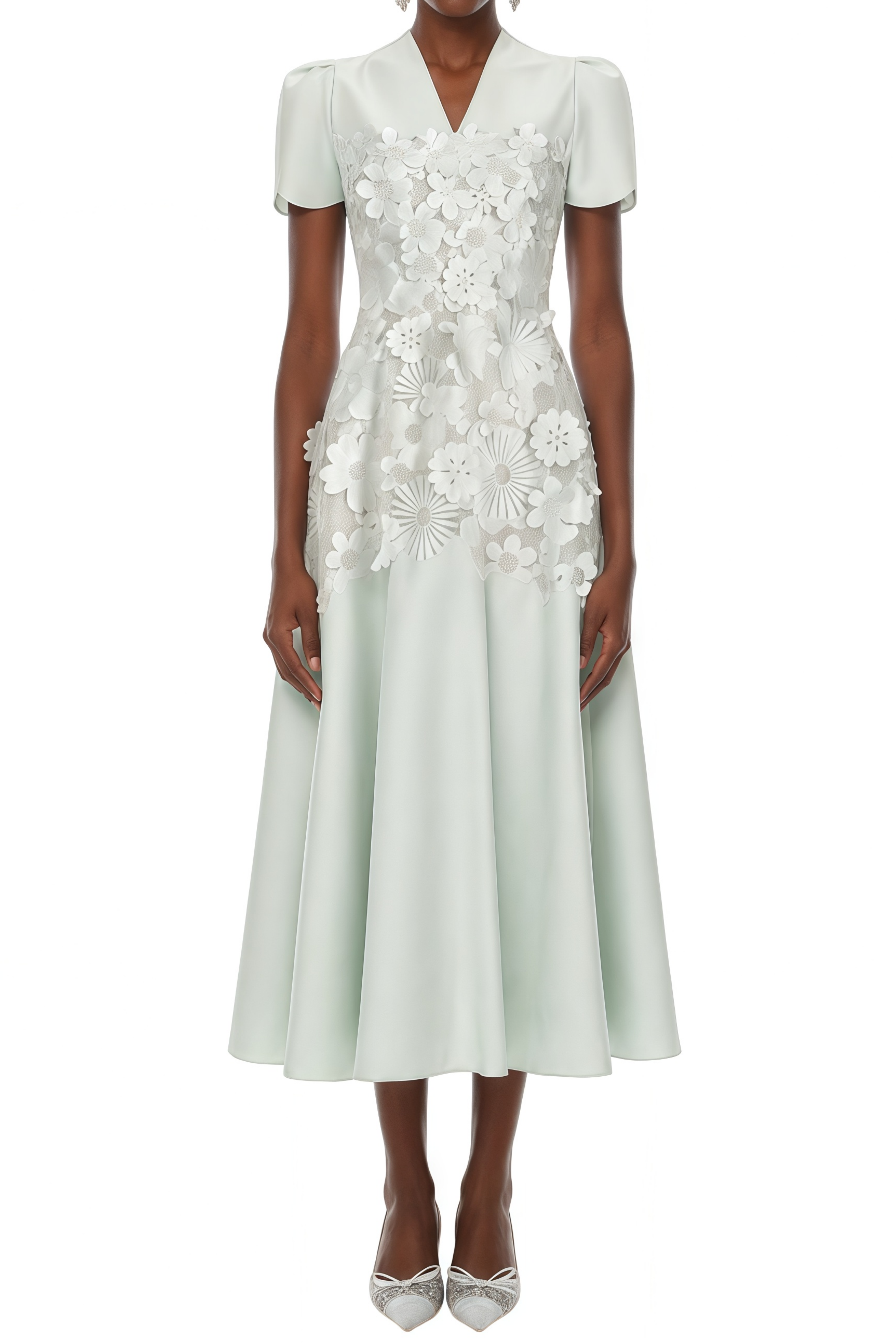 Elaine Mint Green 3D Floral Appliqué Pleated Midi Dress
