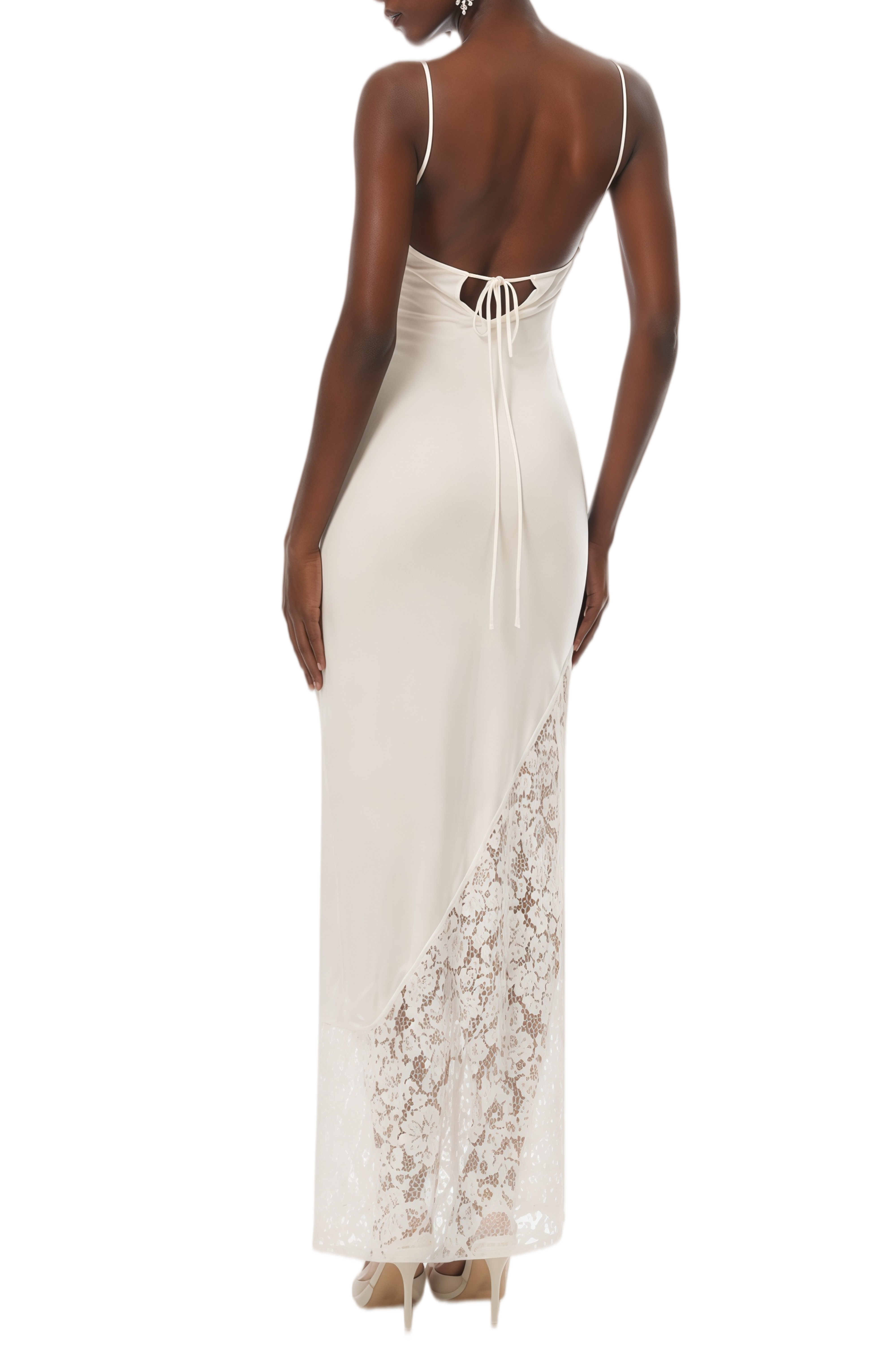Cathy White Lace Panel Asymmetrical Maxi Dress