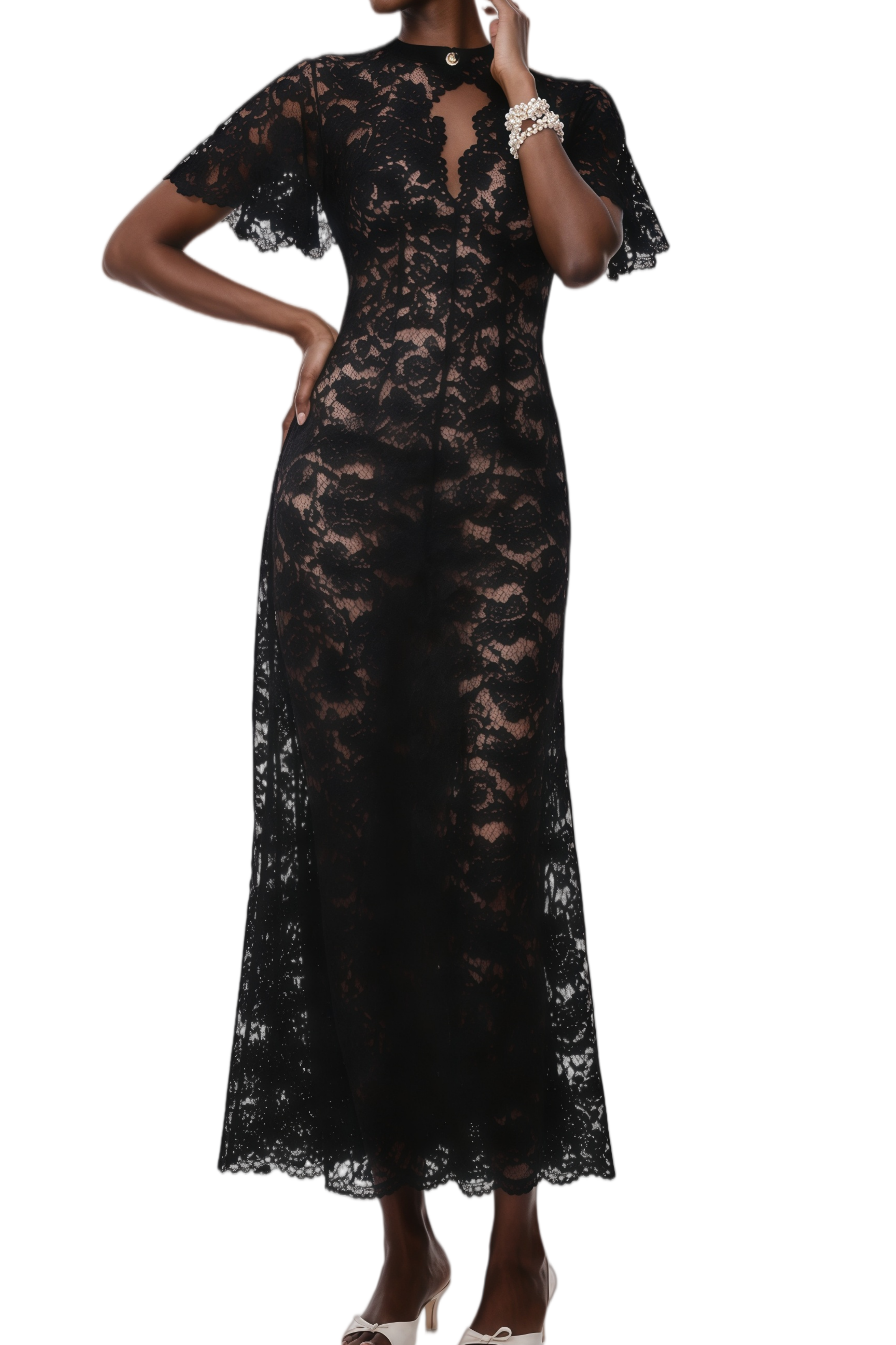 Claire Black Cape Design Floral Lace Midi Dress