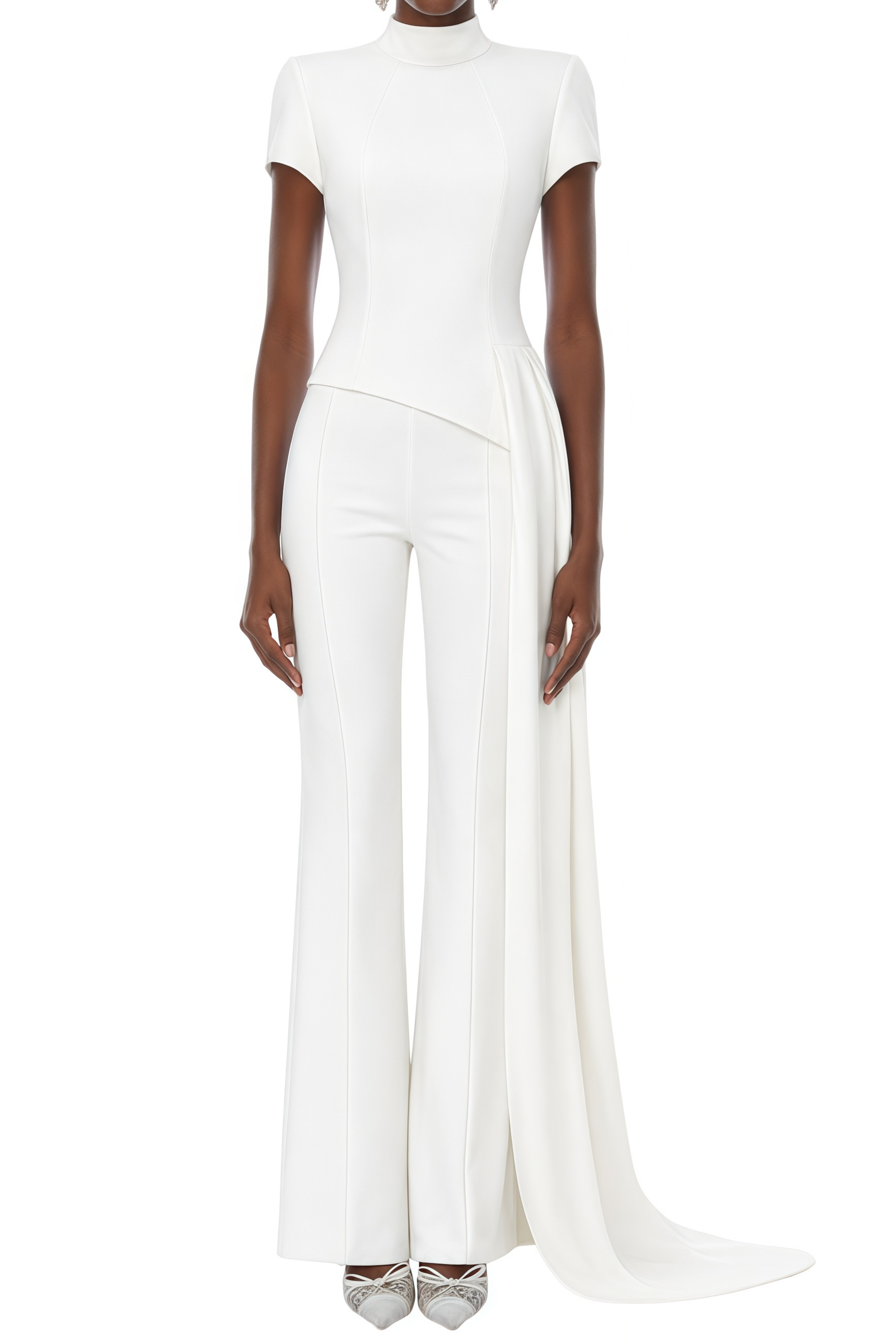 Jamie White Asymmetrical Ribbon Design Top & Trousers Set
