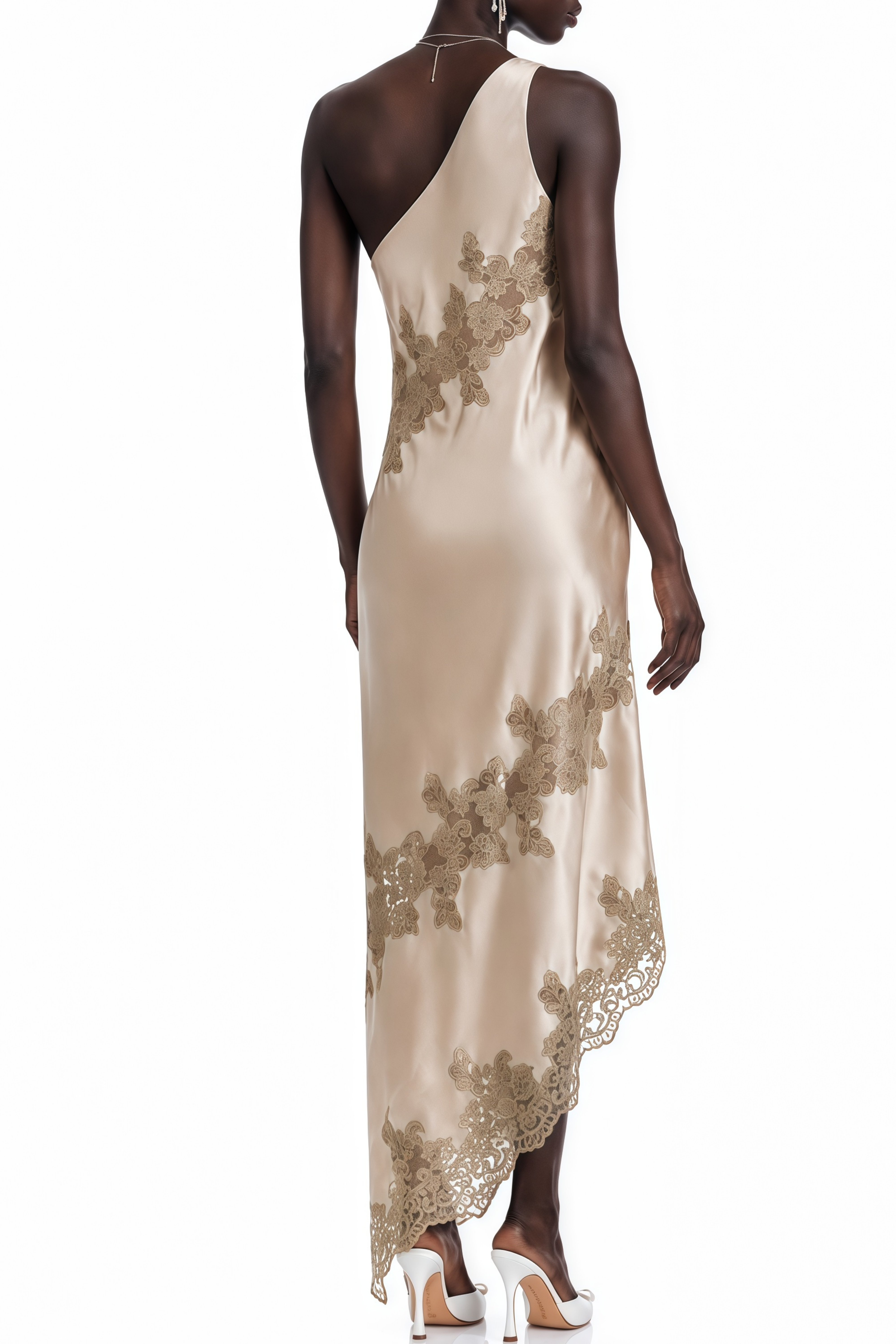 Della Champagne Lace Asymmetrical Midi Dress