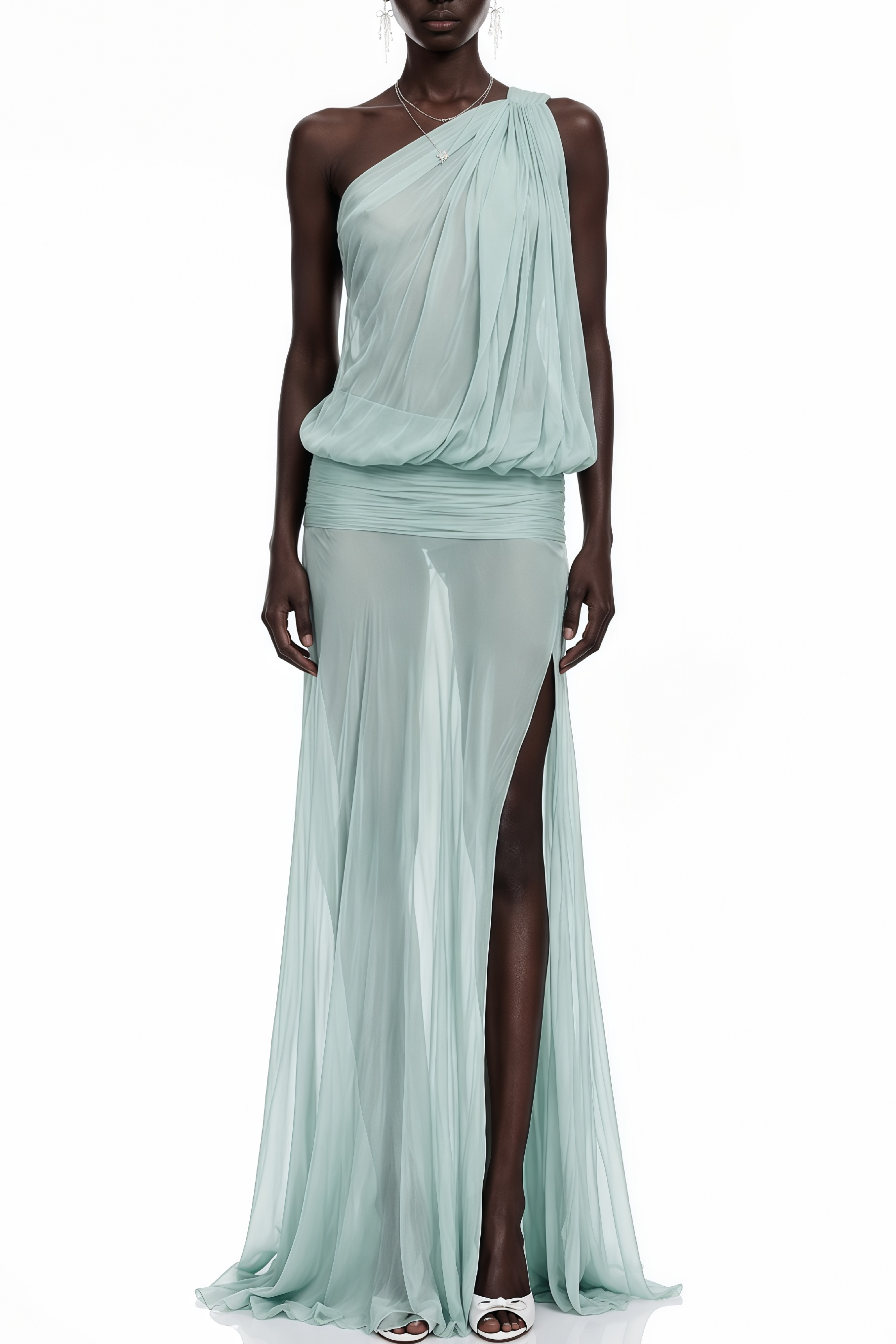 Eloise Mint Green One-Shoulder Mesh Maxi Dress