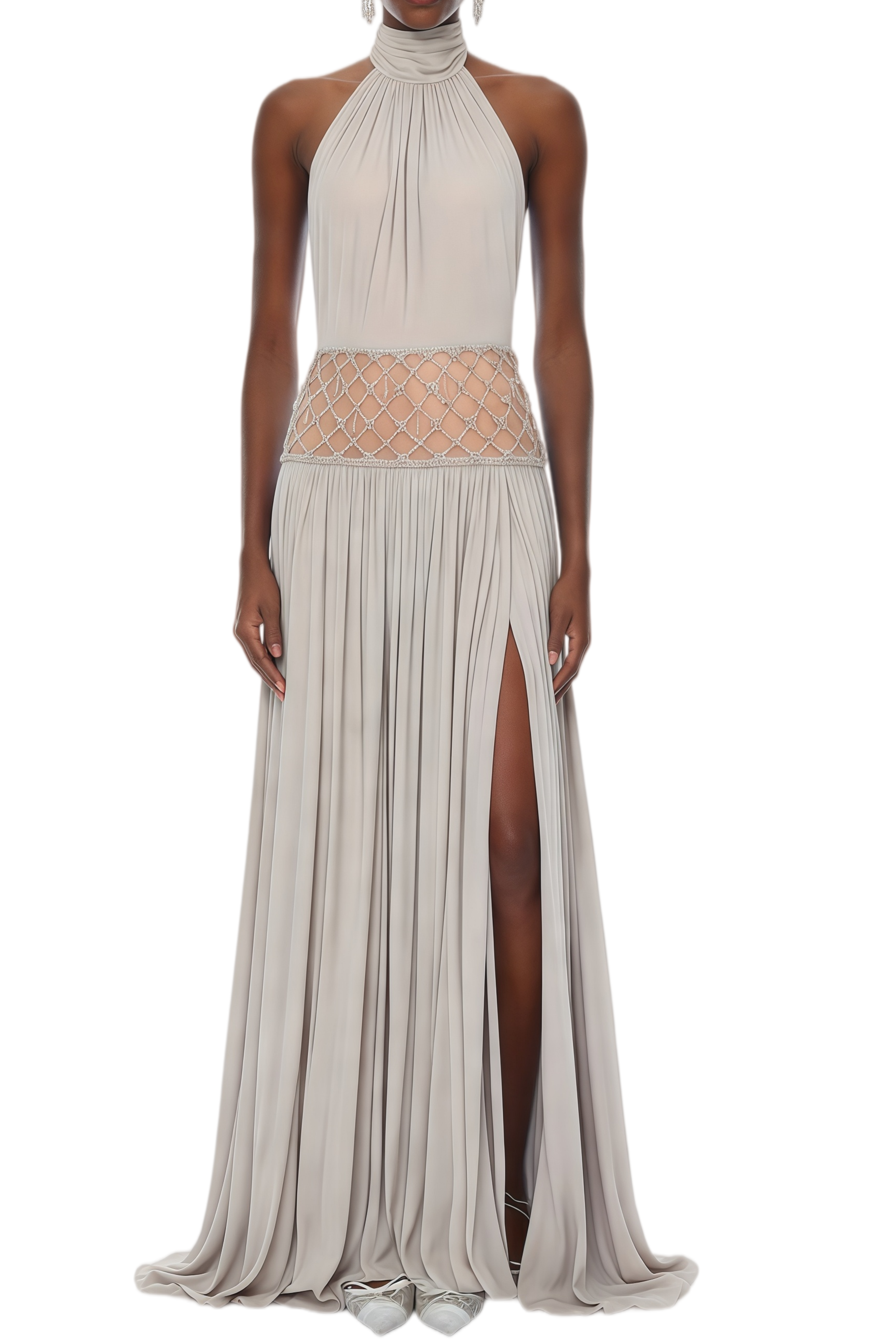 Gabrielle Almond Grey Rhinestone Lattice Maxi Dress