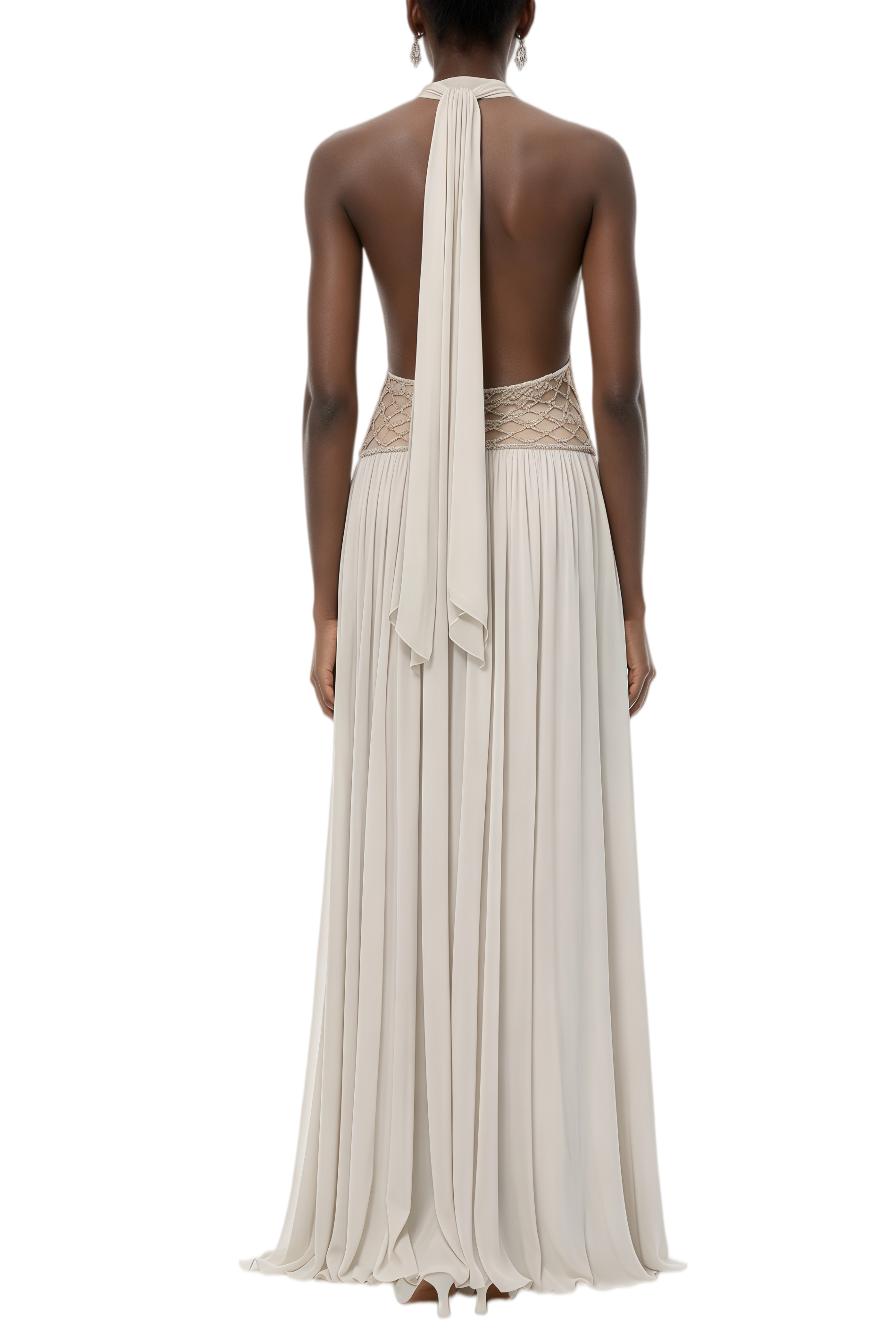 Gabrielle Almond Grey Rhinestone Lattice Maxi Dress