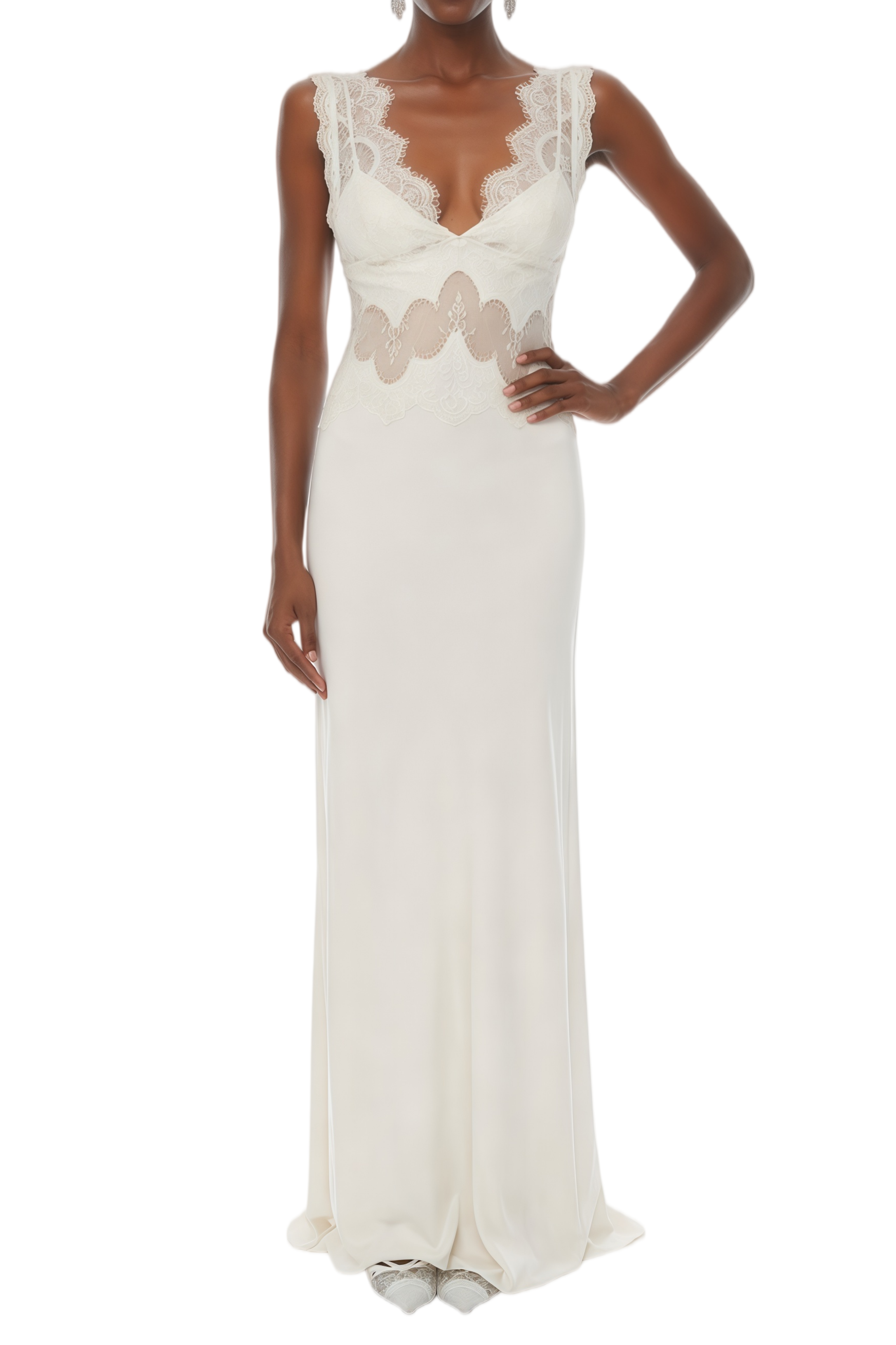 Christine Neutral Satin Lace Panel Maxi Dress