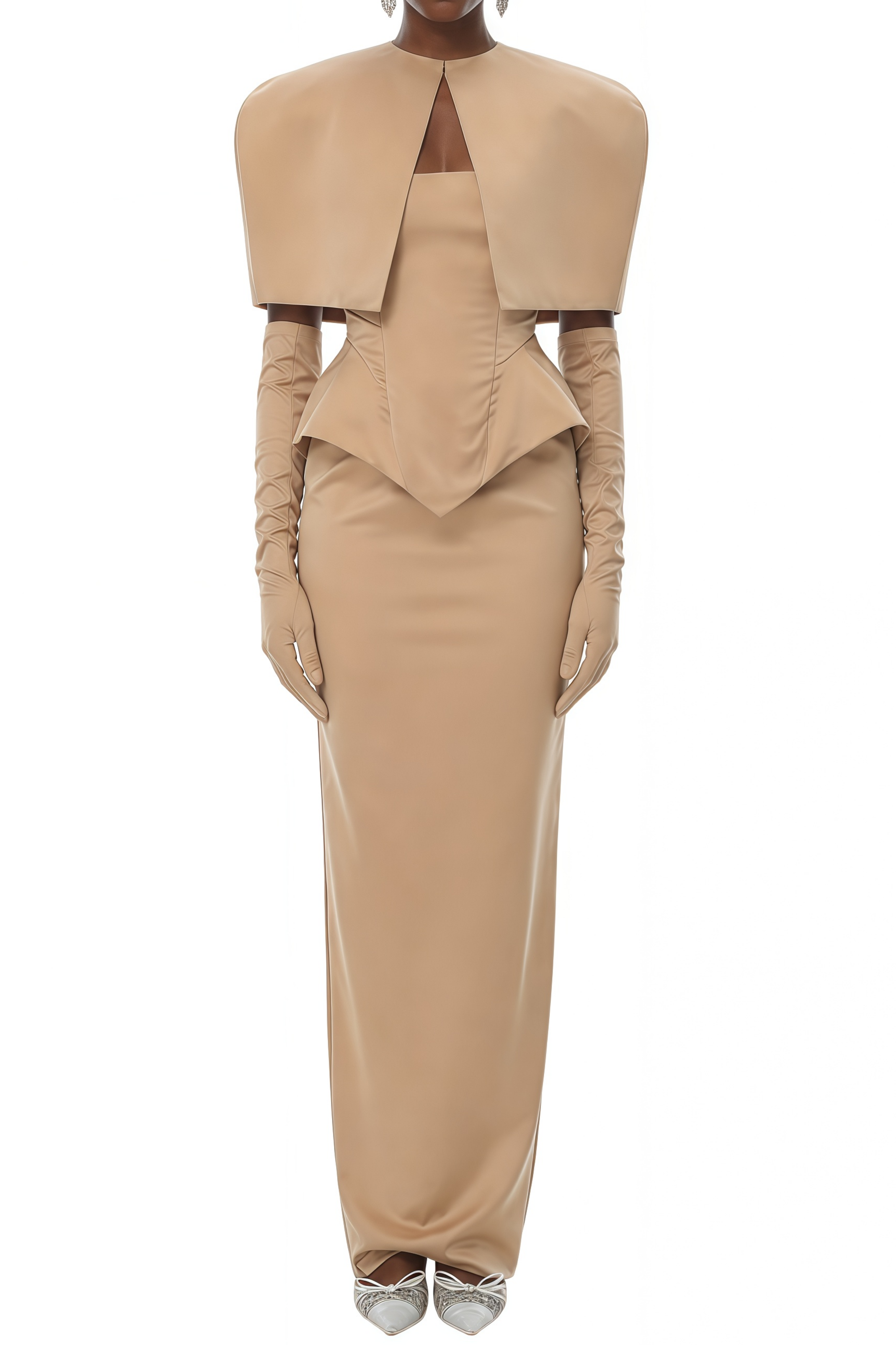 Charlotte Beige Cape & Curved Top & Asymmetrical Skirt Set