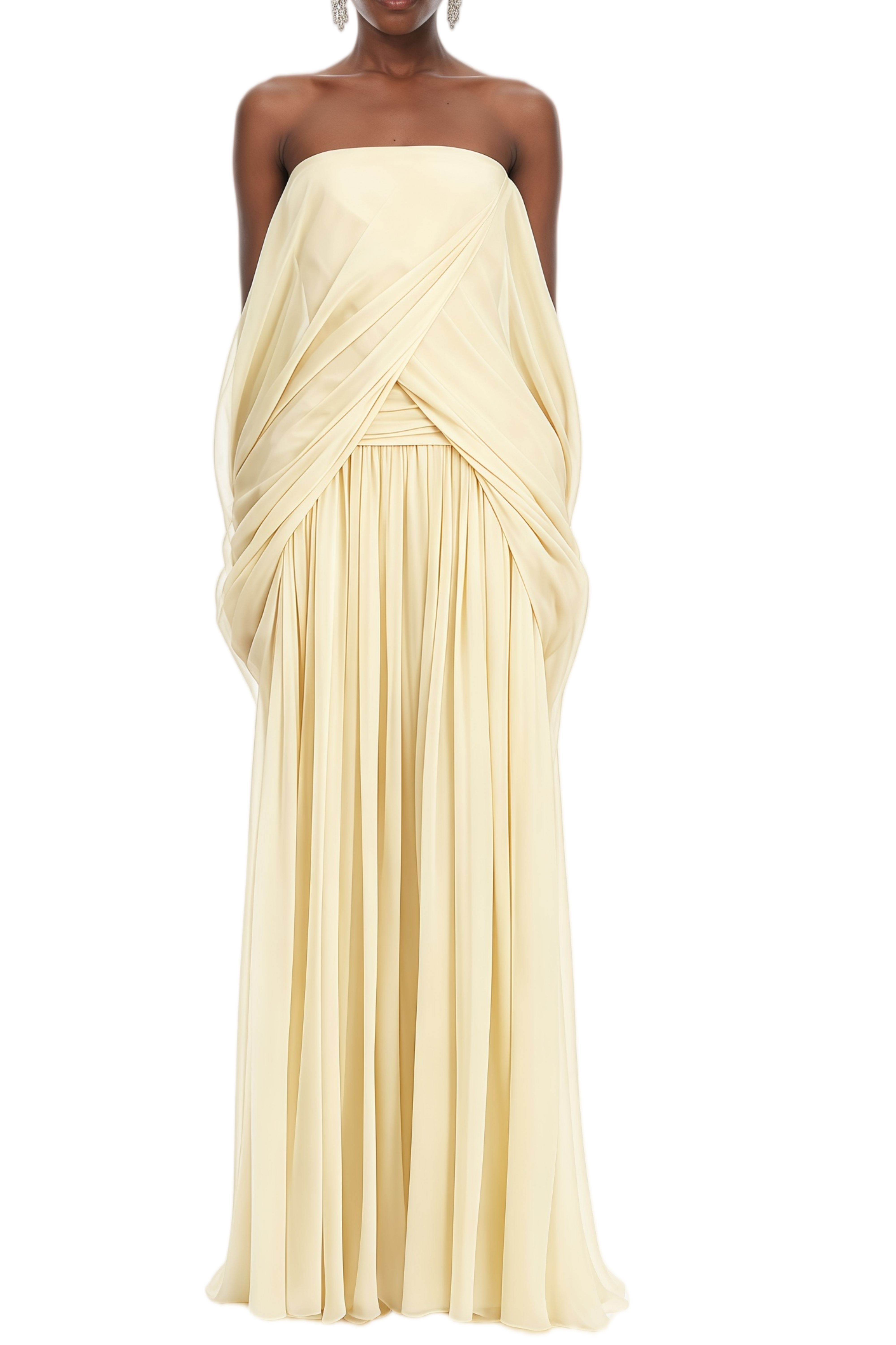 Celeste Light Yellow Off Shoulder Pleated Maxi Dress