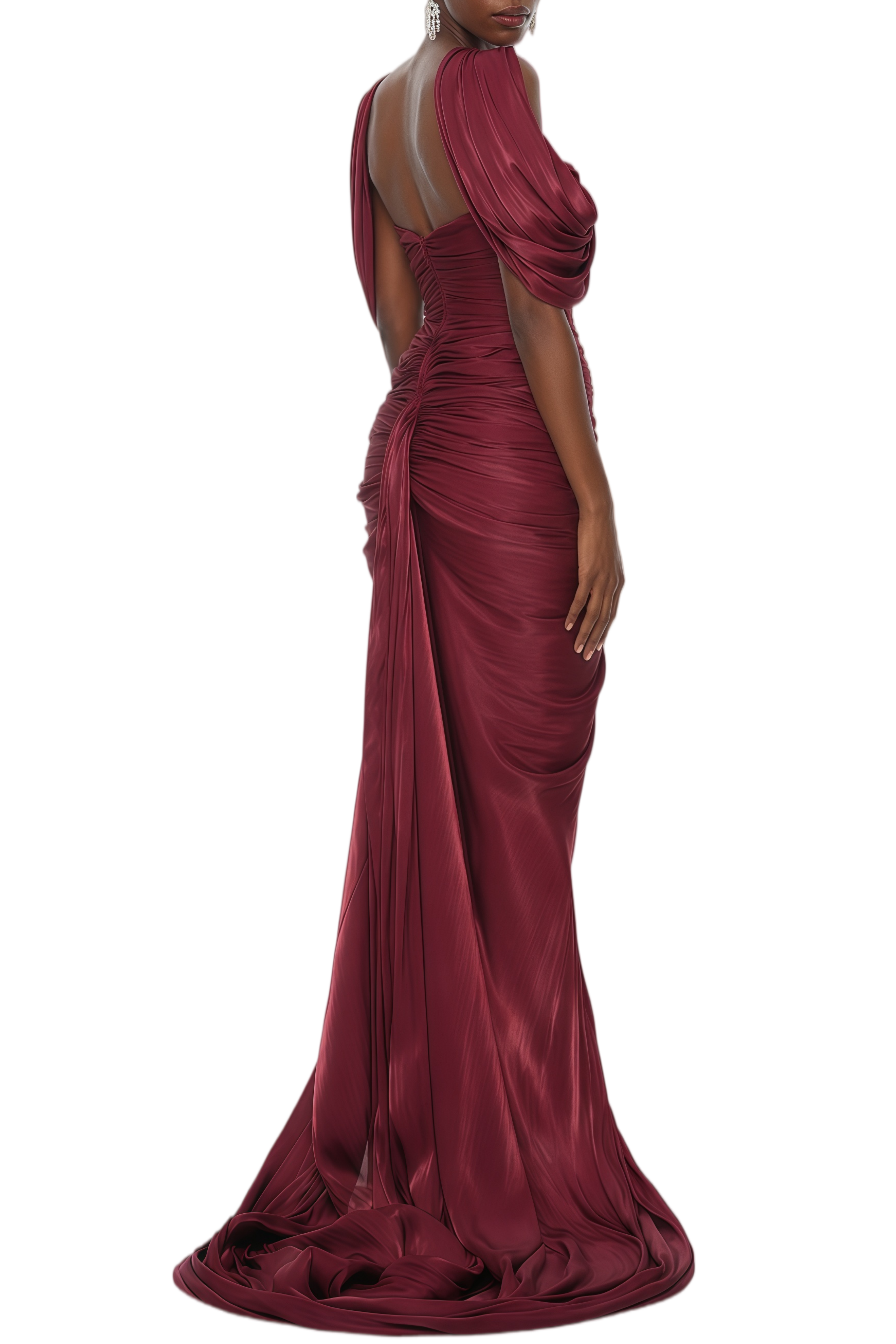 Rosalind Burgundy Ruched Asymmetrical Maxi Dress