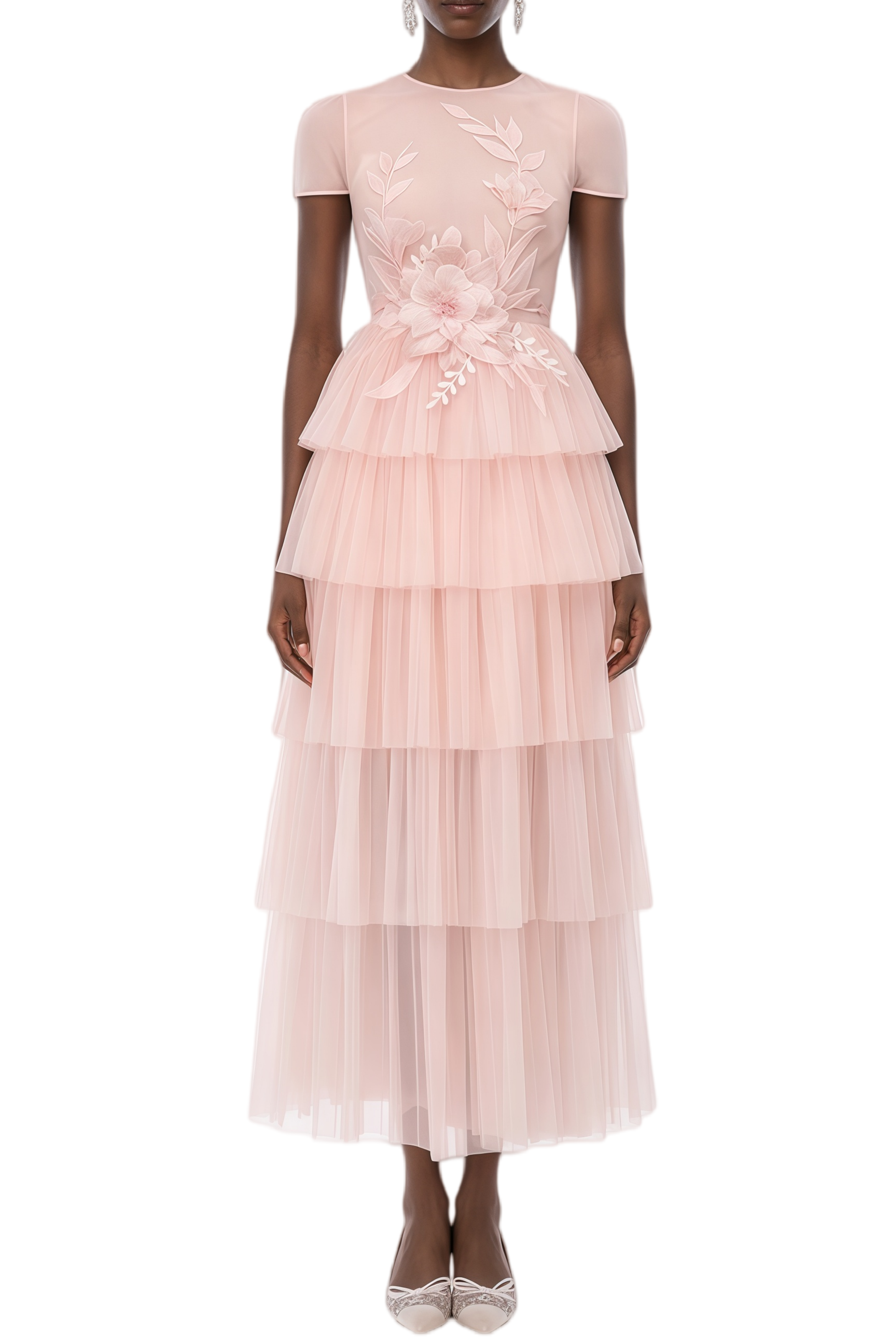 Lesley Pink 3D Floral Appliqué Tiered Maxi Dress