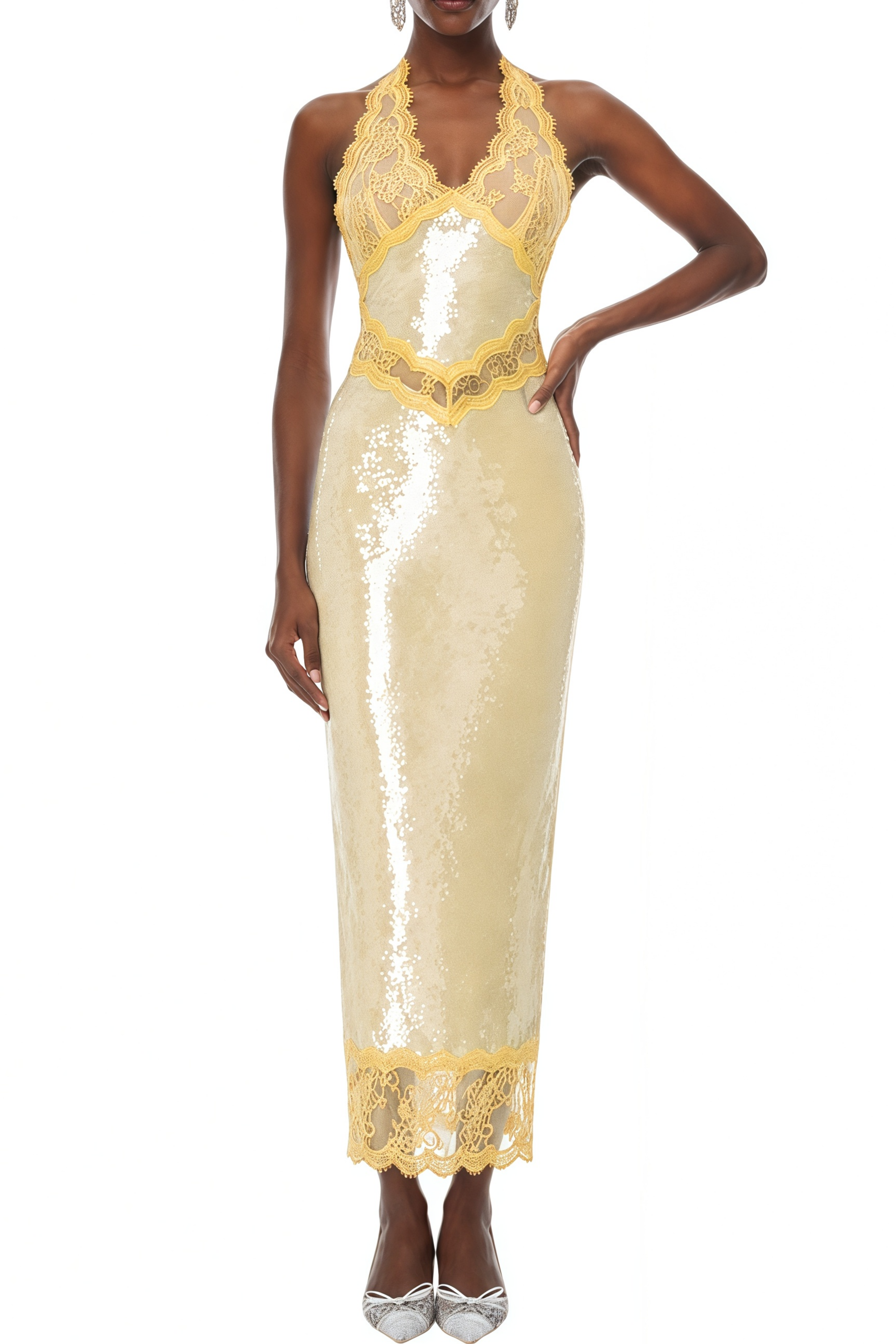 Clio Yellow Halterneck Lace Panel Midi Dress