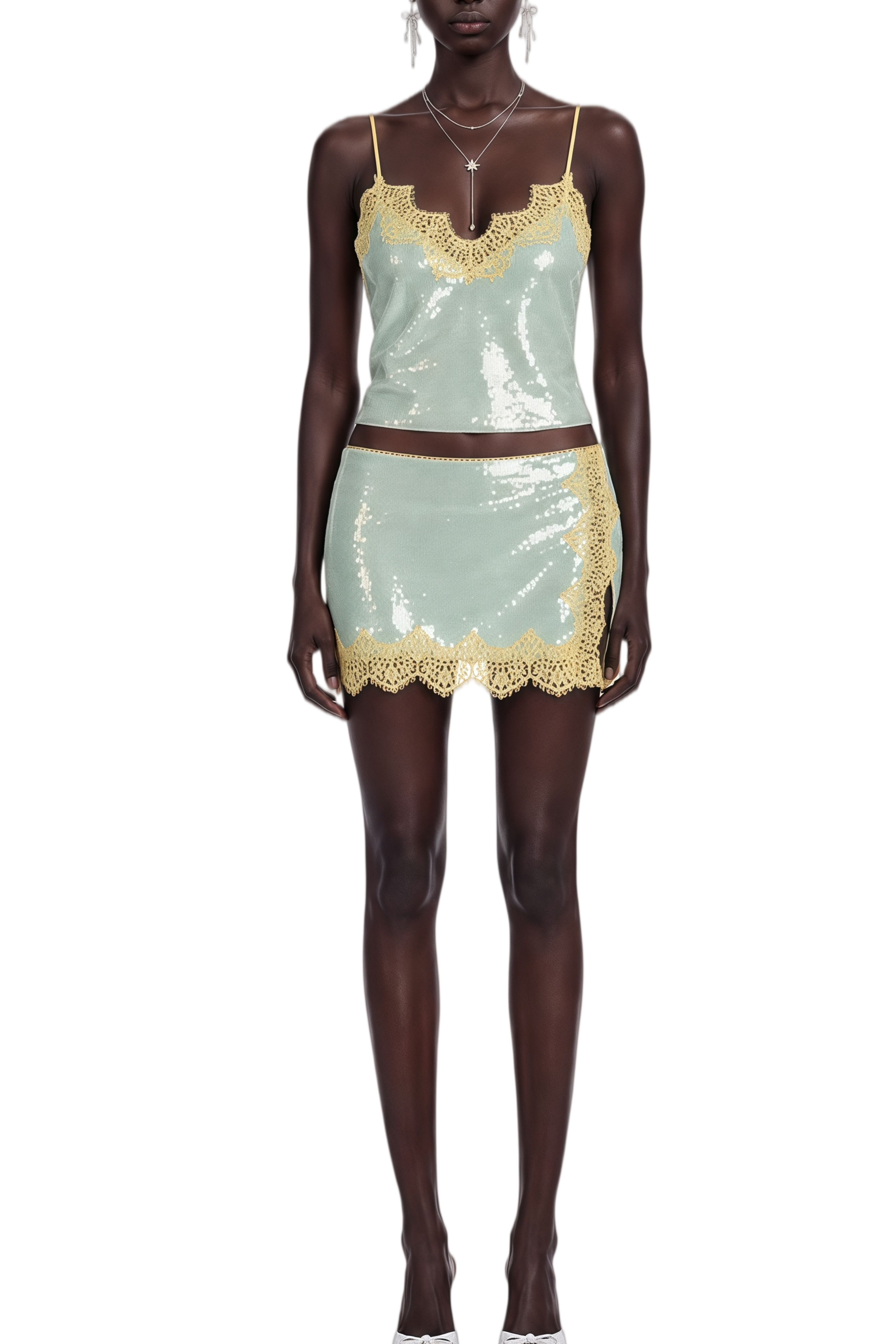 Eleanor Mint Green Lace Asymmetrical Top & Skirt Set