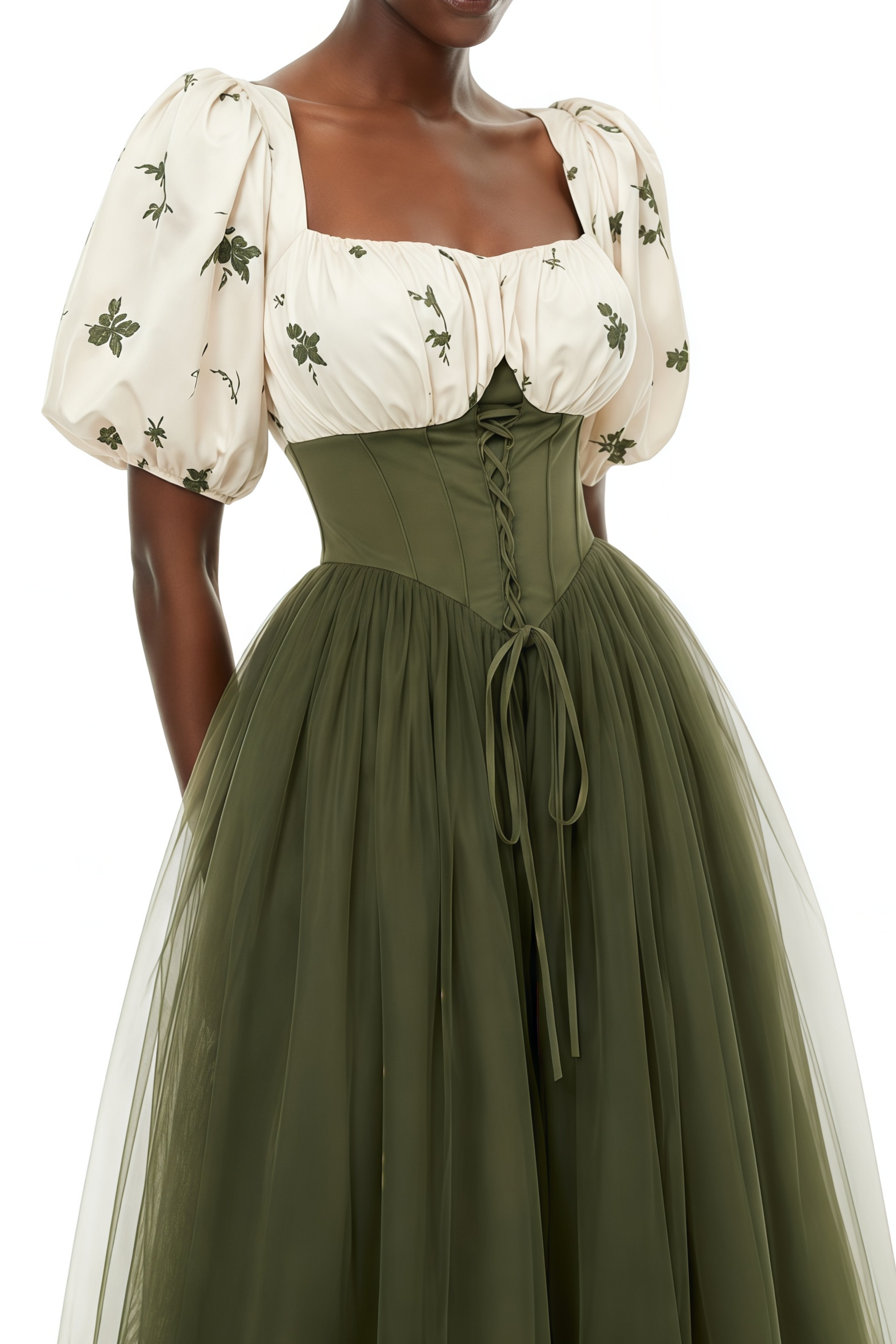Celine Olive Green Mesh Ruffled Midi Dress