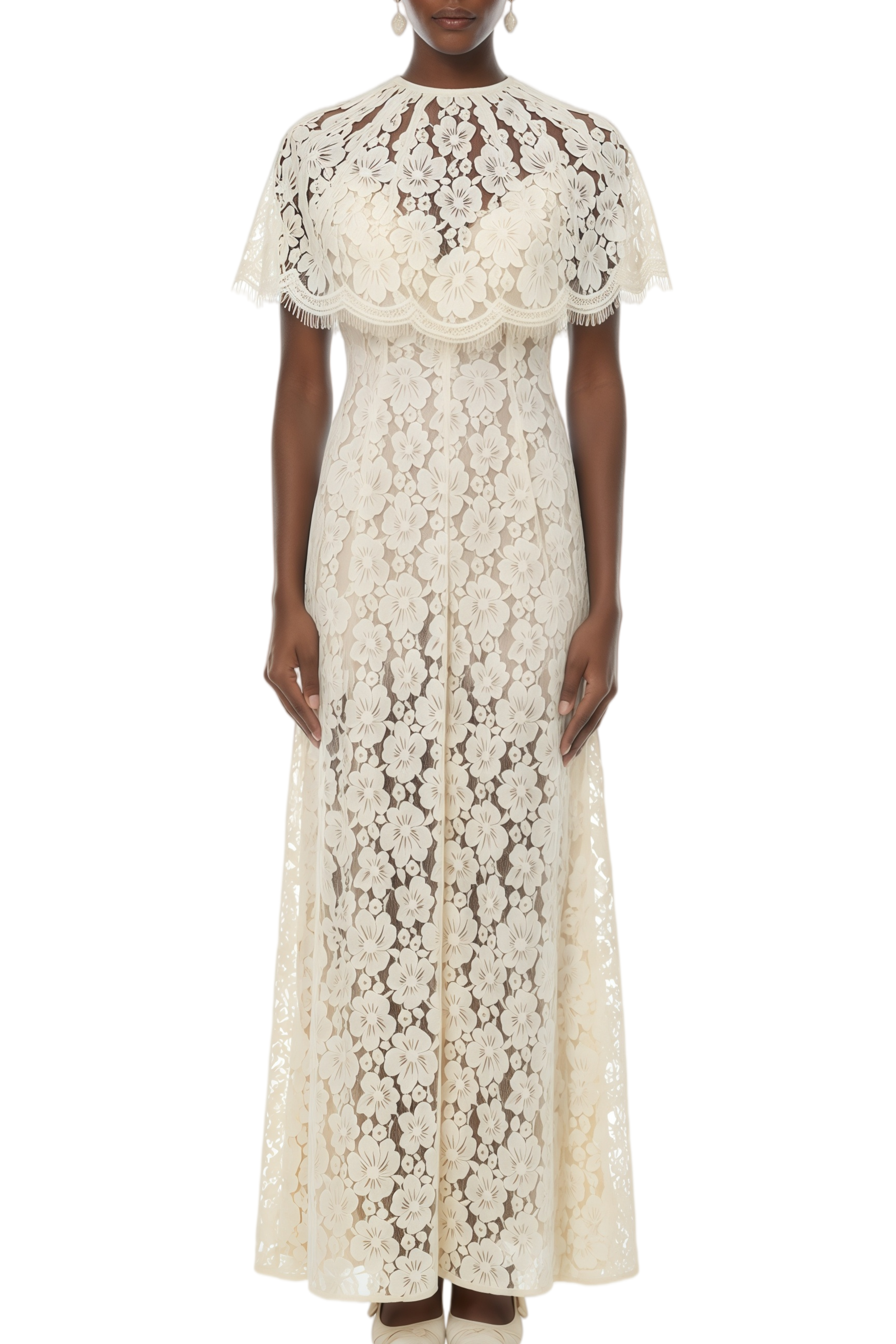Lavinia White Cape Design Lace Maxi Dress