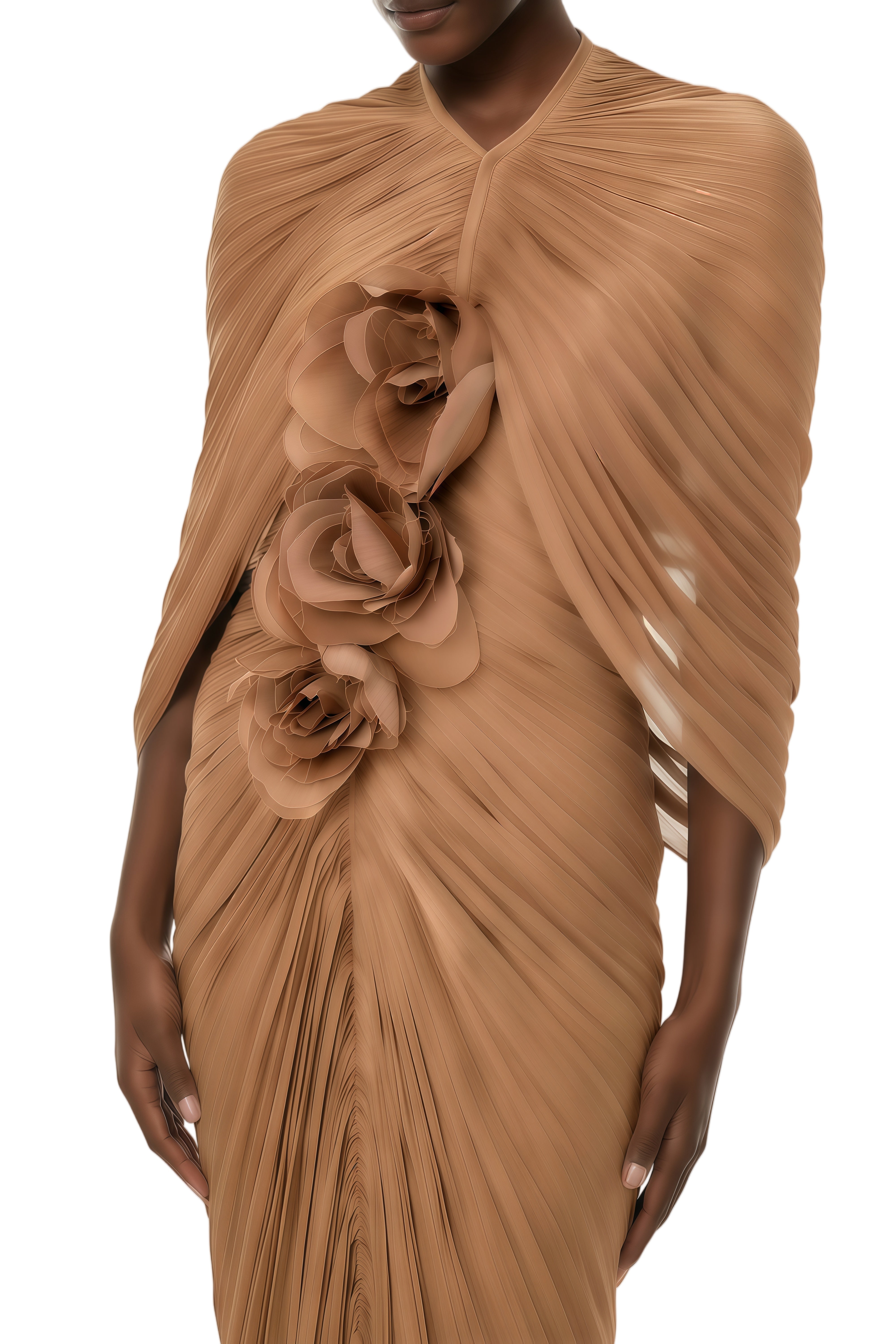 Freda Camel Pleated Cape & 3D Floral Appliqué Dress Set