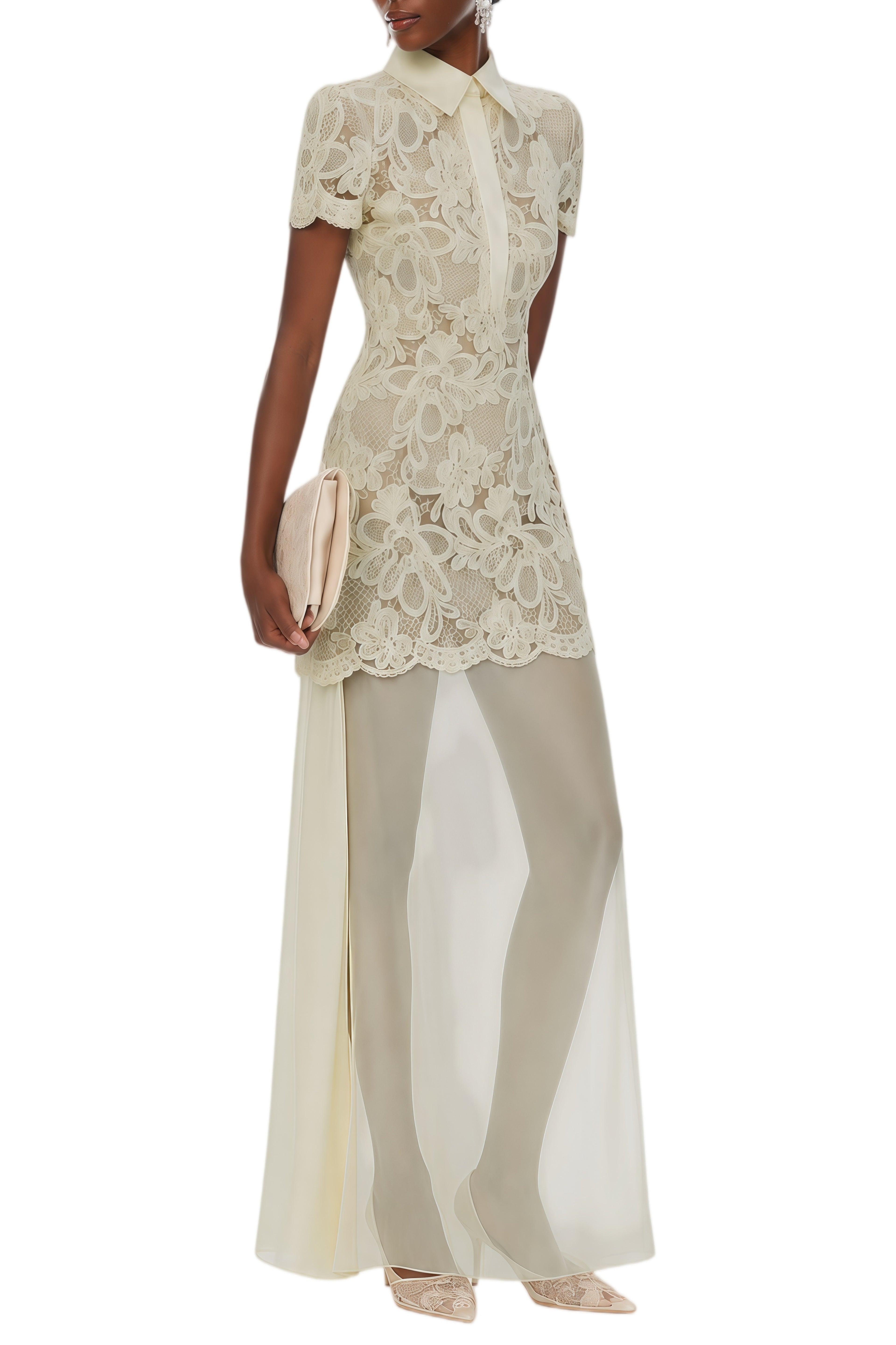 Regina Neutral Lace Sheer Panel Maxi Dress Relvoux Womenswear Regina Neutral Lace Sheer Panel Maxi Dress Relvoux Womenswear